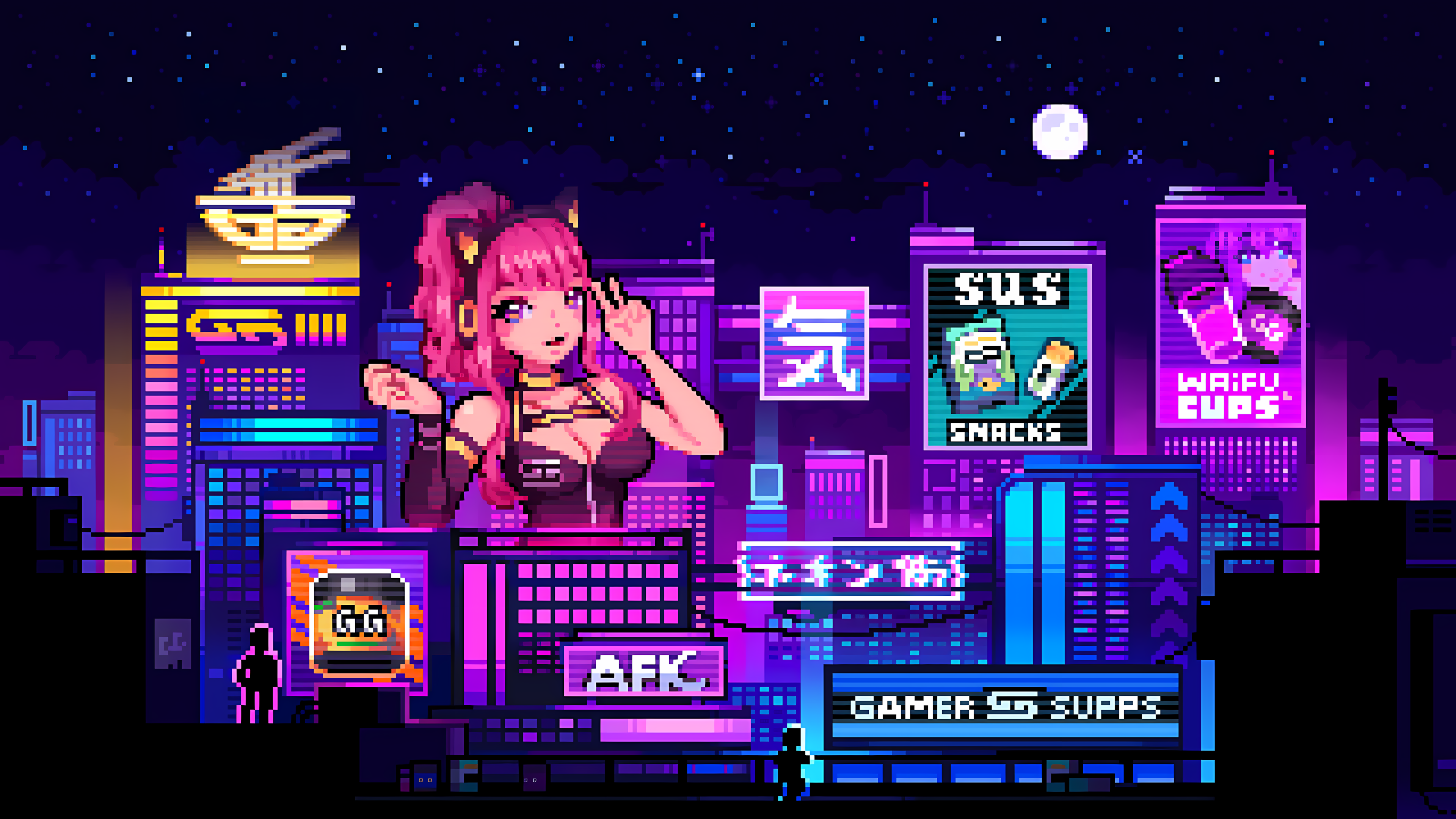 Free download Ponytail Pink hair Long hair City Light Upgrade Building Sky Night Anime Girl Headphones Cat Ear Full Moon Stars Moon Logo Pixels 4K Wallpaper, Wallpaper(s) website provided.