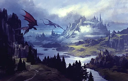 Free download Artwork Fantasy Art Dragon Landscape River Mountains Western Dragon Castle 4K Wallpaper, Wallpaper(s)