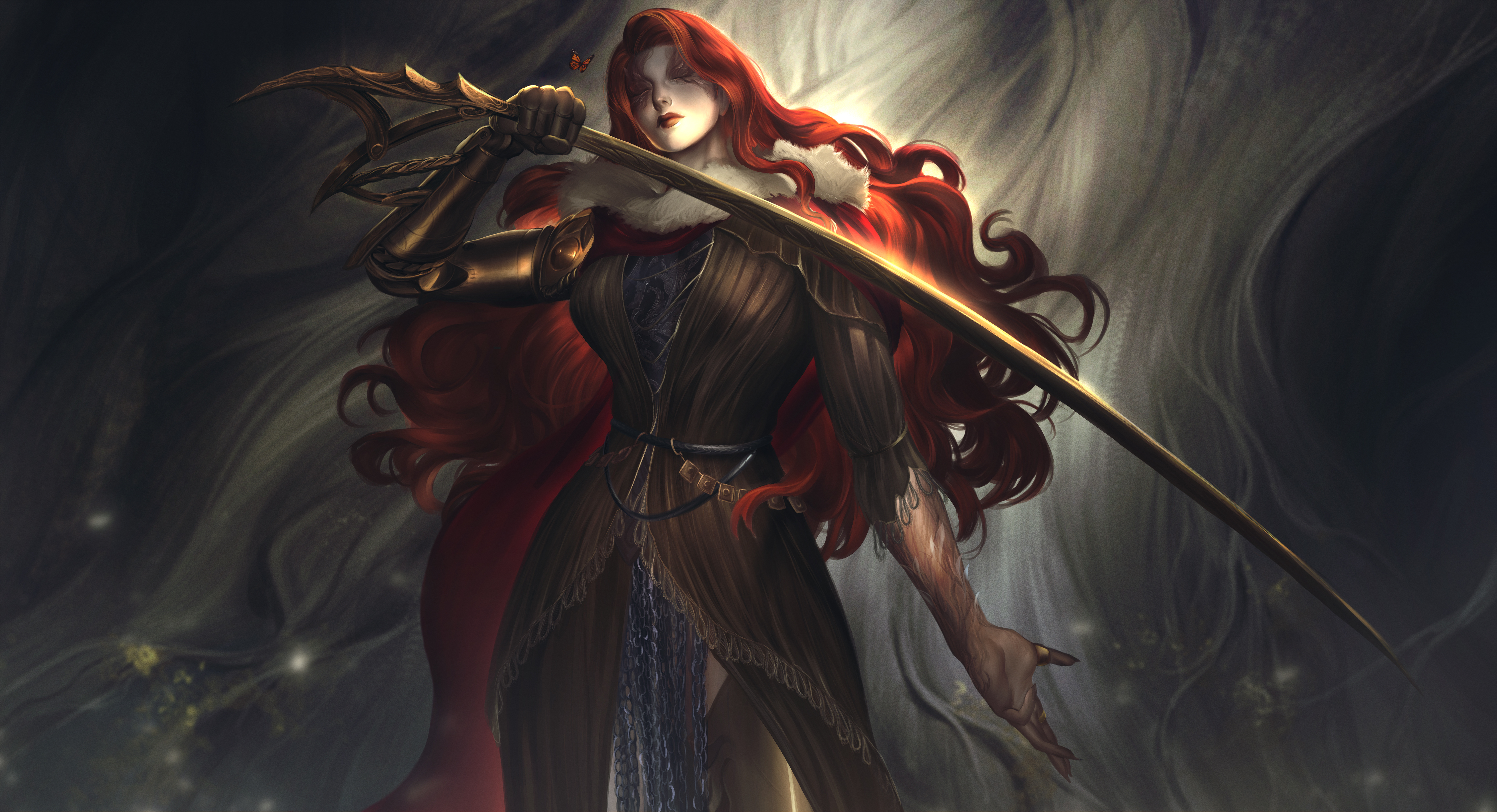 Free download Long hair red hair curly hair sword video game girl character illustration painting butterfly 4K wallpaper, Wallpaper(s)