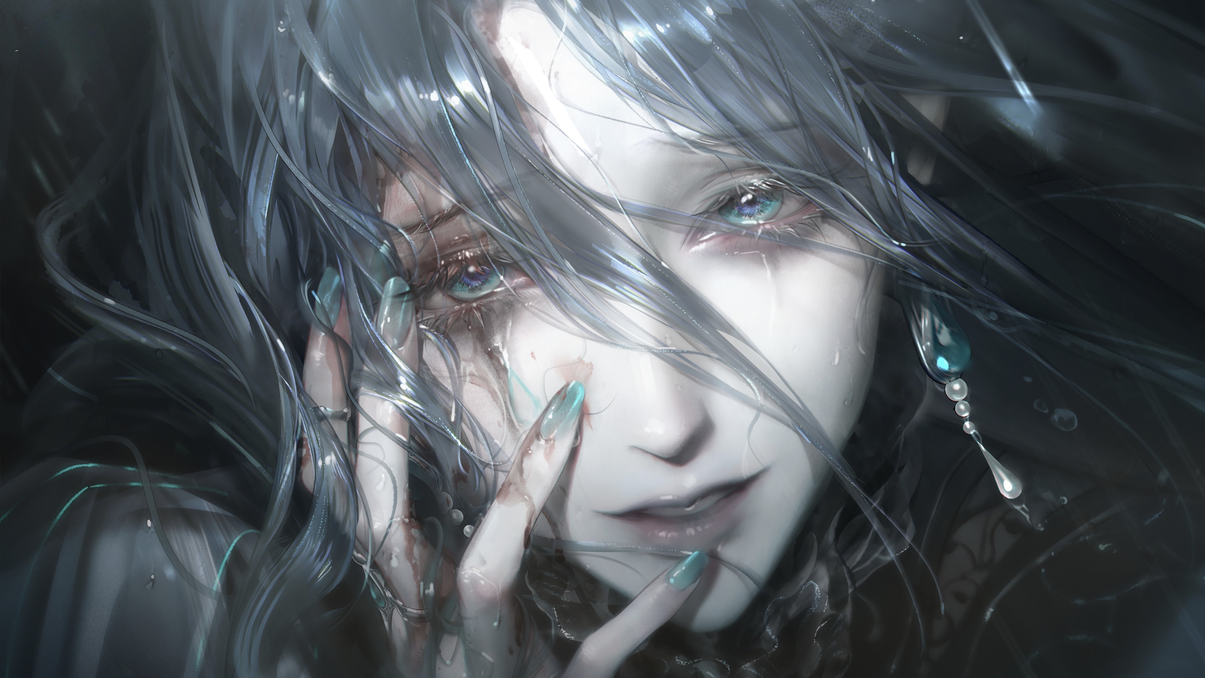 Free download Electronic Games Characters Blue Hair Anime Girl Digital Art Road No Way Blood Tears 4K Wallpaper, Wallpaper(s) website provided.