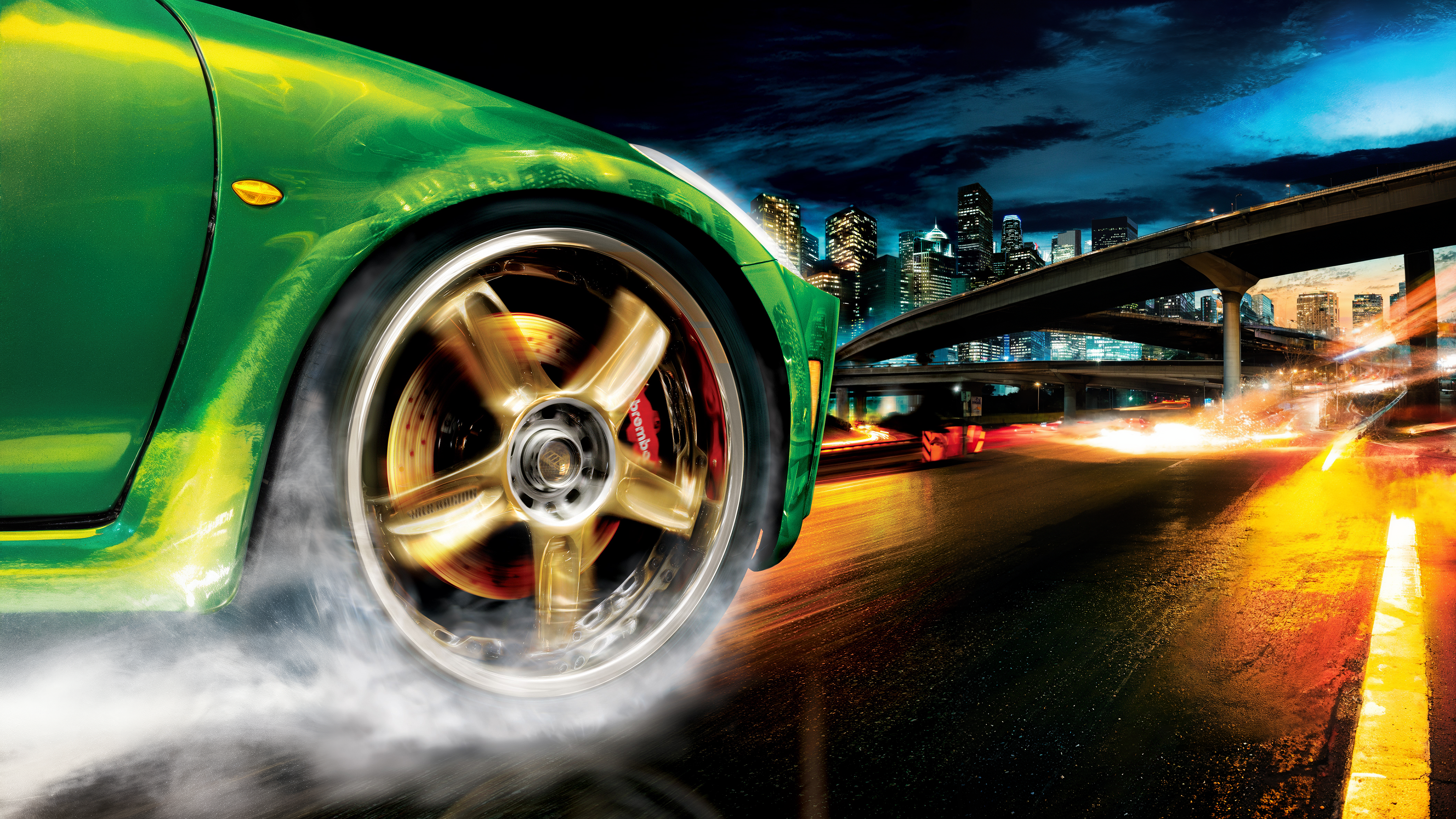 Free download Video Game City Landscape Car Vehicle Edge Night Road Need for Speed Underground Bridge Building Skyscraper Smoke Green Car Sky Lights 4K Wallpaper, Wallpaper(s)