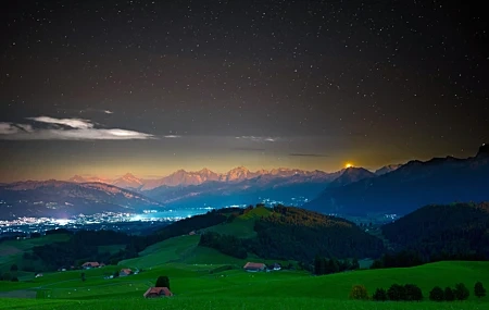 Free download nature landscape town grass light sky mountains trees forest house night cloud lake 4K wallpaper, Wallpaper(s)
