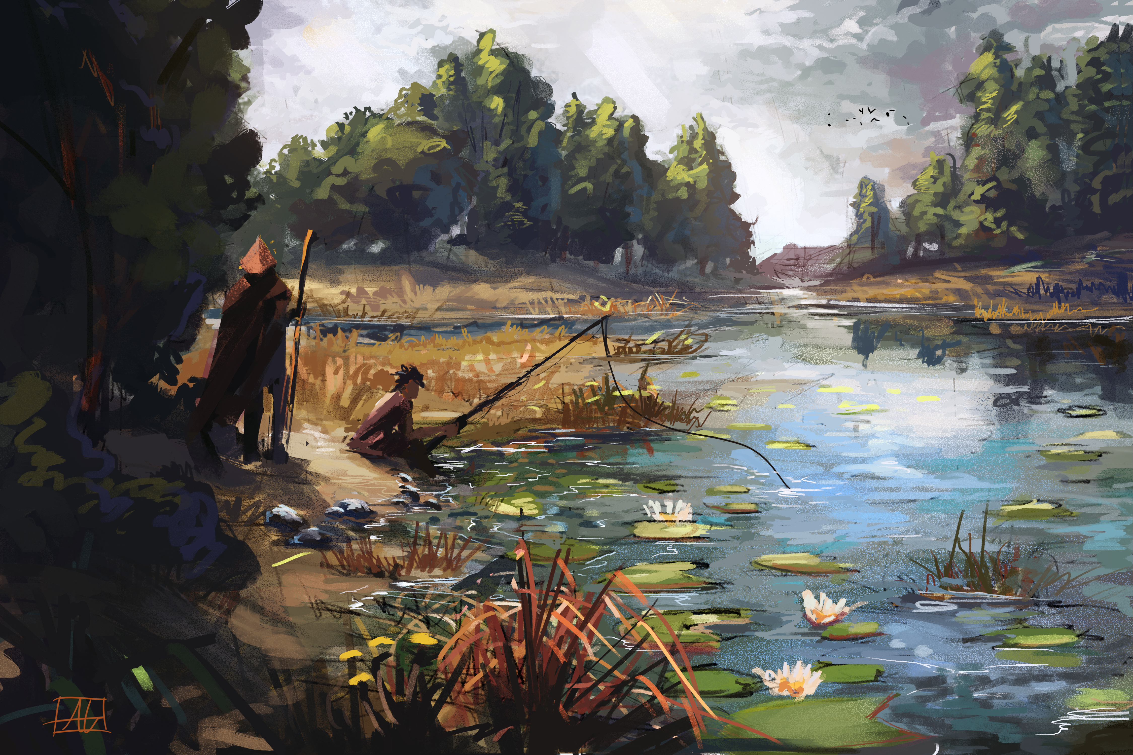 Free download Fisherman Goat Breakfast Digital Painting Landscape River 4K Wallpaper, Wallpaper(s) website provided.
