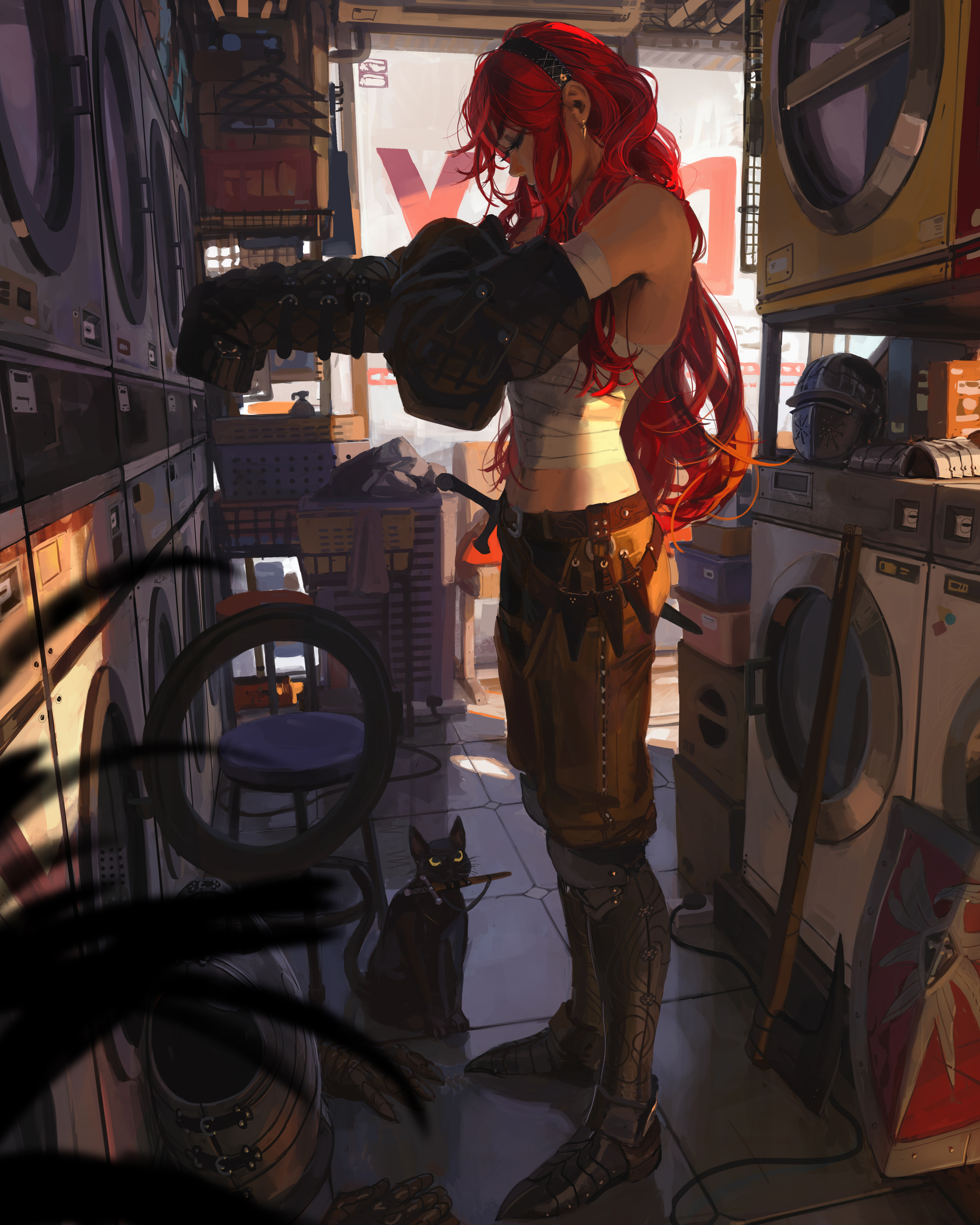 Free download Original Characters Red Hair Artwork Painting Cat Bandage Woman Mobile Wallpaper 4K Wallpaper, Wallpaper(s) website provided.