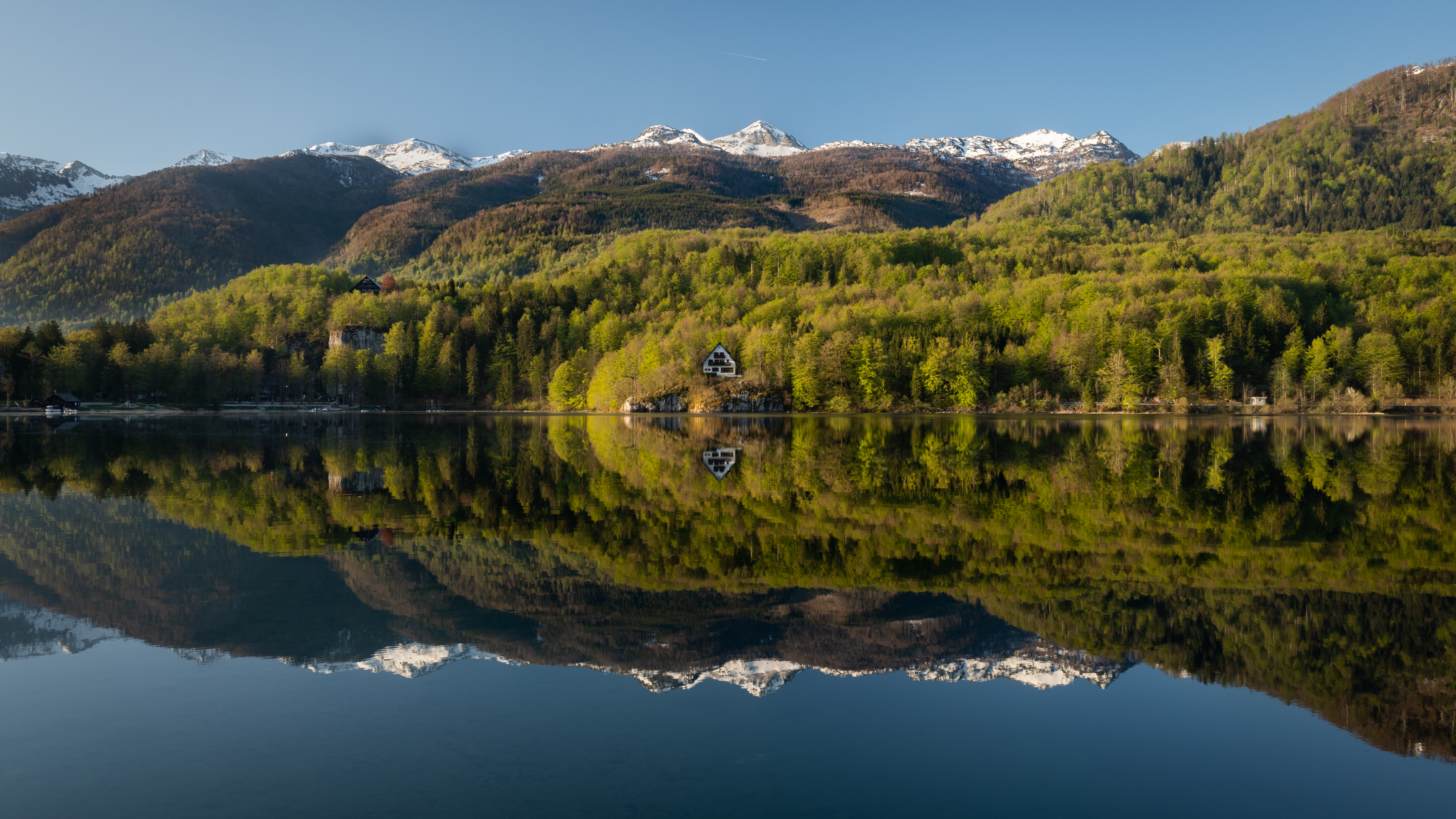 Free download nature landscape trees forest water reflection clear sky plane houses mountains snow mountain lake lake 4K wallpaper, Wallpaper(s)