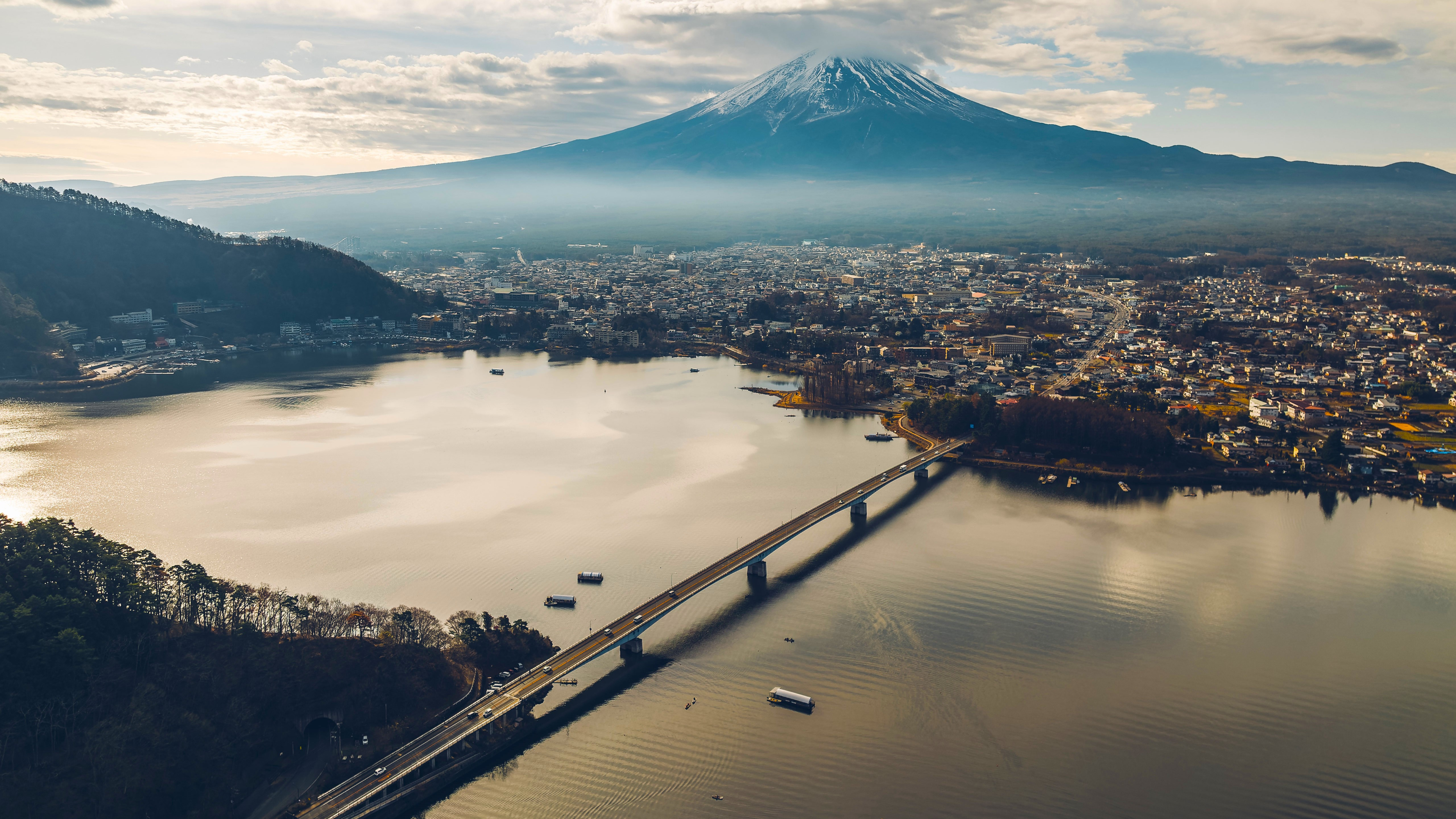Free download nature landscape trees river water bridge town fog sky cloud boat vision drone photo 4K wallpaper, Wallpaper(s) website provided.