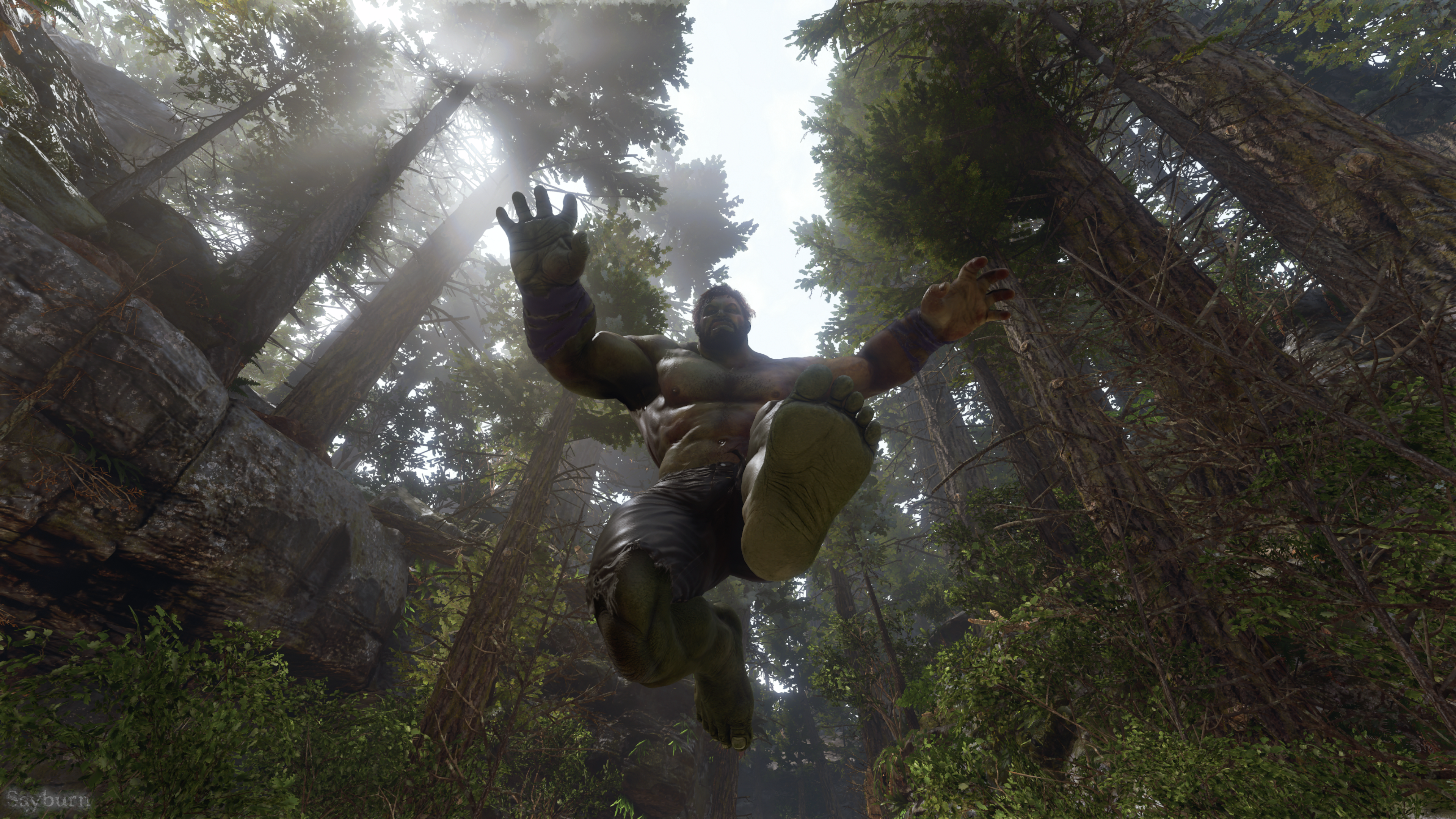 Free download Superhero Jumping Eyes Forest Leaves Screenshot Marvel Comics Tree Hulk Front View 4K Wallpaper, Wallpaper(s) website provided.