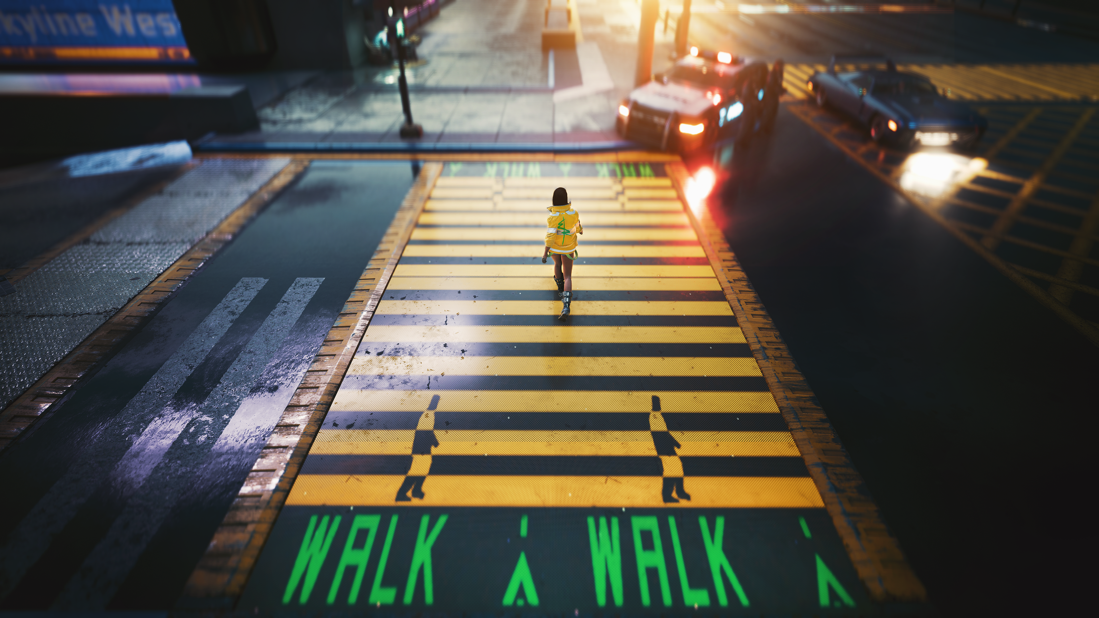 Free download Electronic Game Girl Walking Character Cyberpunk CGI Screenshot Wet Road Car Police Car Crosswalk Soles Sidewalk 4K Wallpaper, Wallpaper(s) website provided.