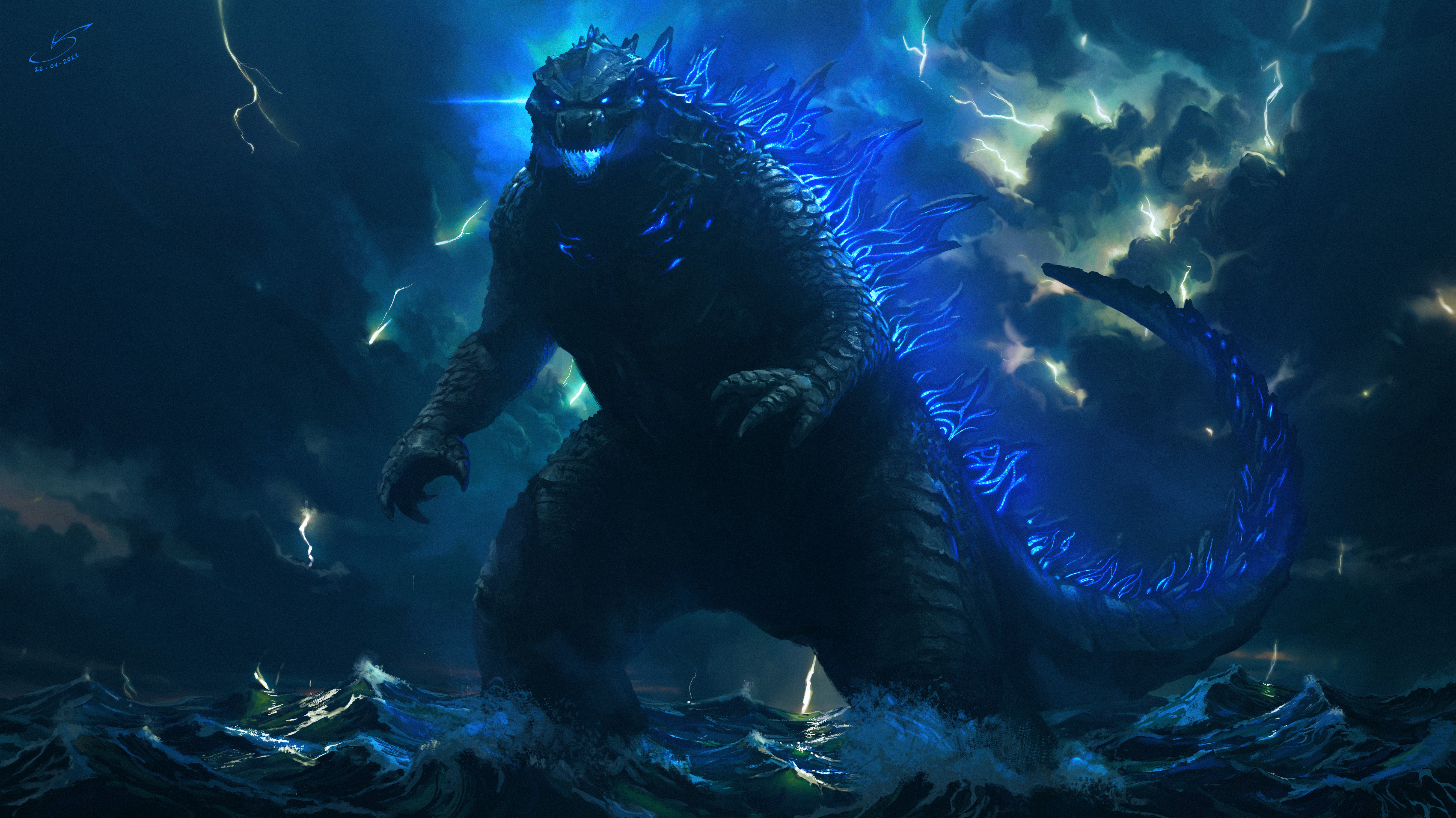 Free download AI Art Illustration Godzilla Cloud Storm Animals Dinosaurs Ocean Movie Characters Goghilla Monsters Port Godzilla Creatures 4K Wallpaper, Wallpaper(s) website provided.