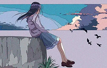 Free download Long hair sitting anime girl bird sky grass cloud mountain skirt jacket long skirt leaves shoes bass cliff skyline water 4K wallpaper, Wallpaper(s) website provided.