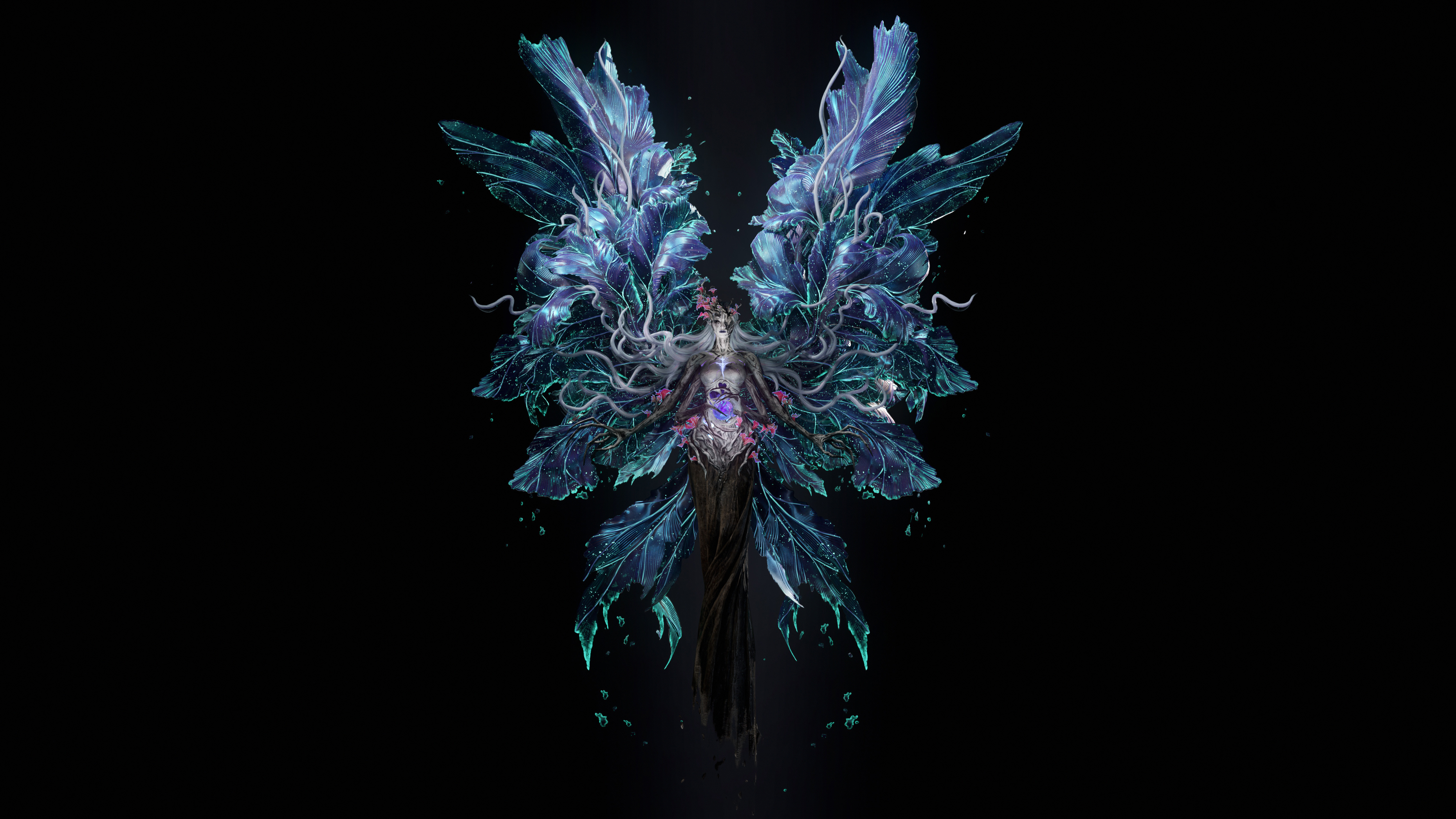 Free download White hair Full body Fantasy Girl Long hair Lipstick Woman Dark background Wings Simple background Flowers Pointed ears Black background CGI Digital art 4K wallpaper, Wallpaper(s)