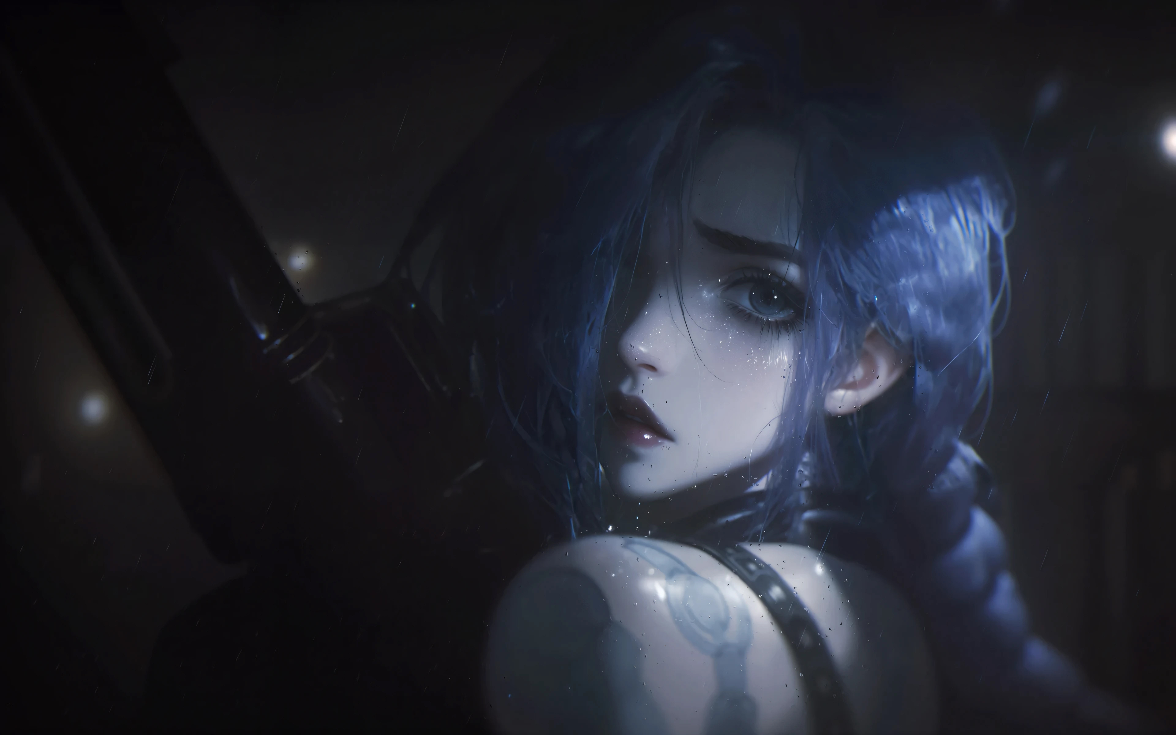 Free download Jinx Looking Back Rain Blue Hair Braids League of Legends Battle of the Two Cities 4K Wallpaper, Wallpaper(s) website provided.