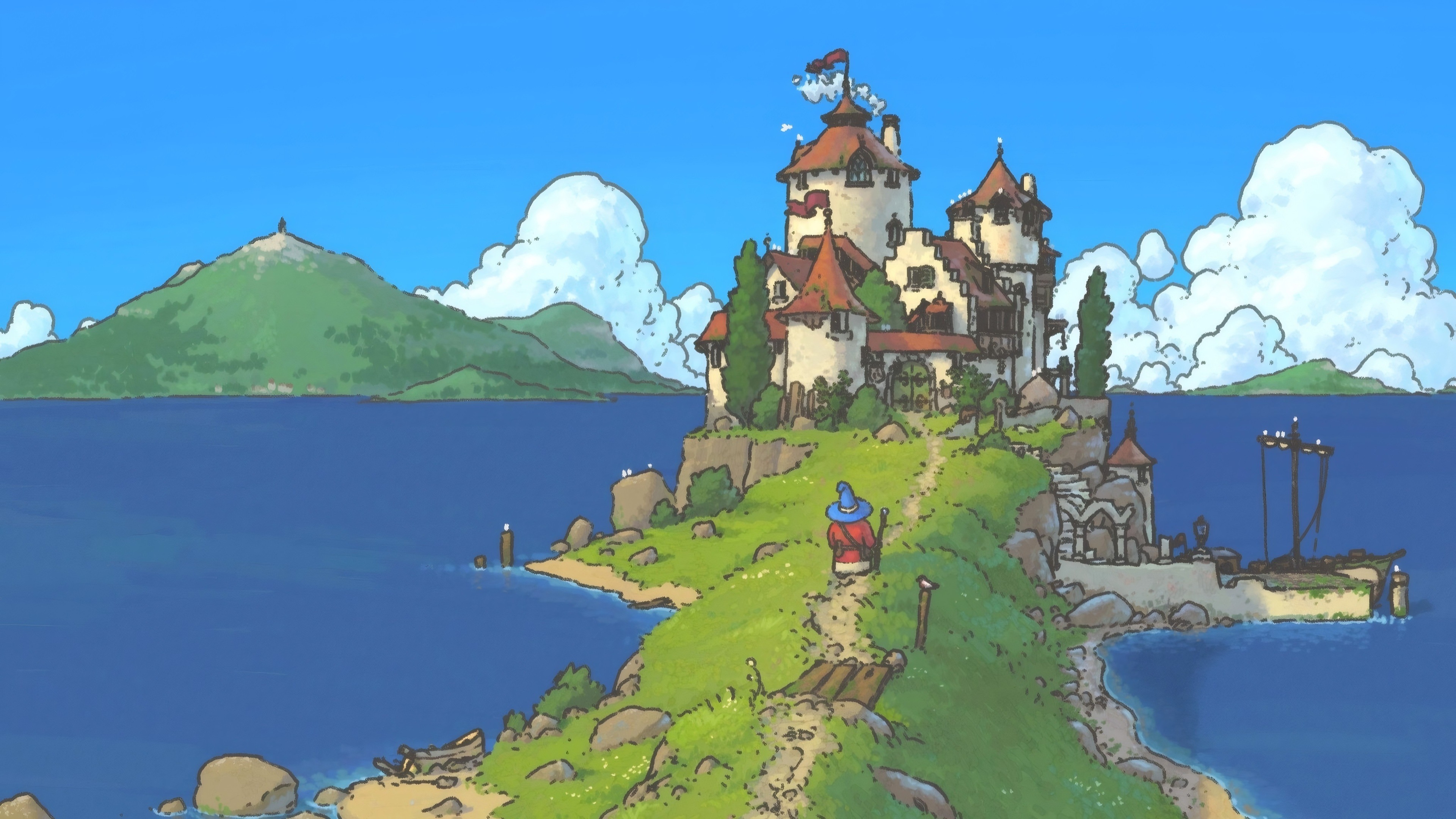 Free download Wizard Island Tower Pier Water Sky Cloud Grass Pixel Game 4K Wallpaper, Wallpaper(s) website provided.