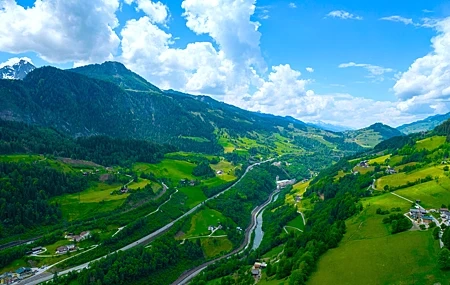 Free download nature landscape clouds sky trees houses village grass road vision river green mountains 4K wallpaper, Wallpaper(s) website provided.