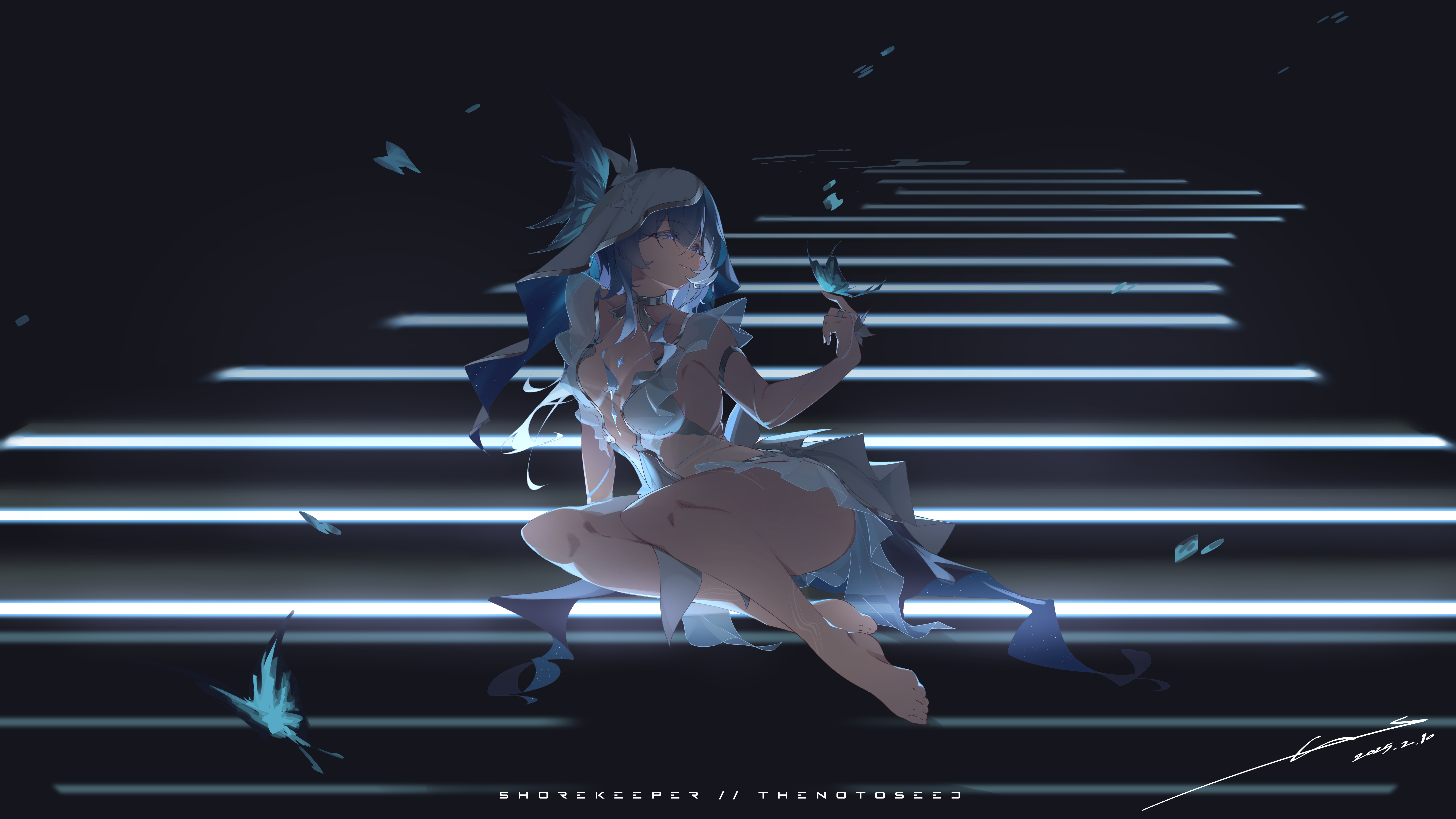 Free download Electronic Games Characters Blue Hair Short Hair Sitting Foot Girl Blue Eyes Howling Waves Coast Guardian Staircase Veil Simple Background Butterfly 8K Wallpaper, Wallpaper(s) website provided.
