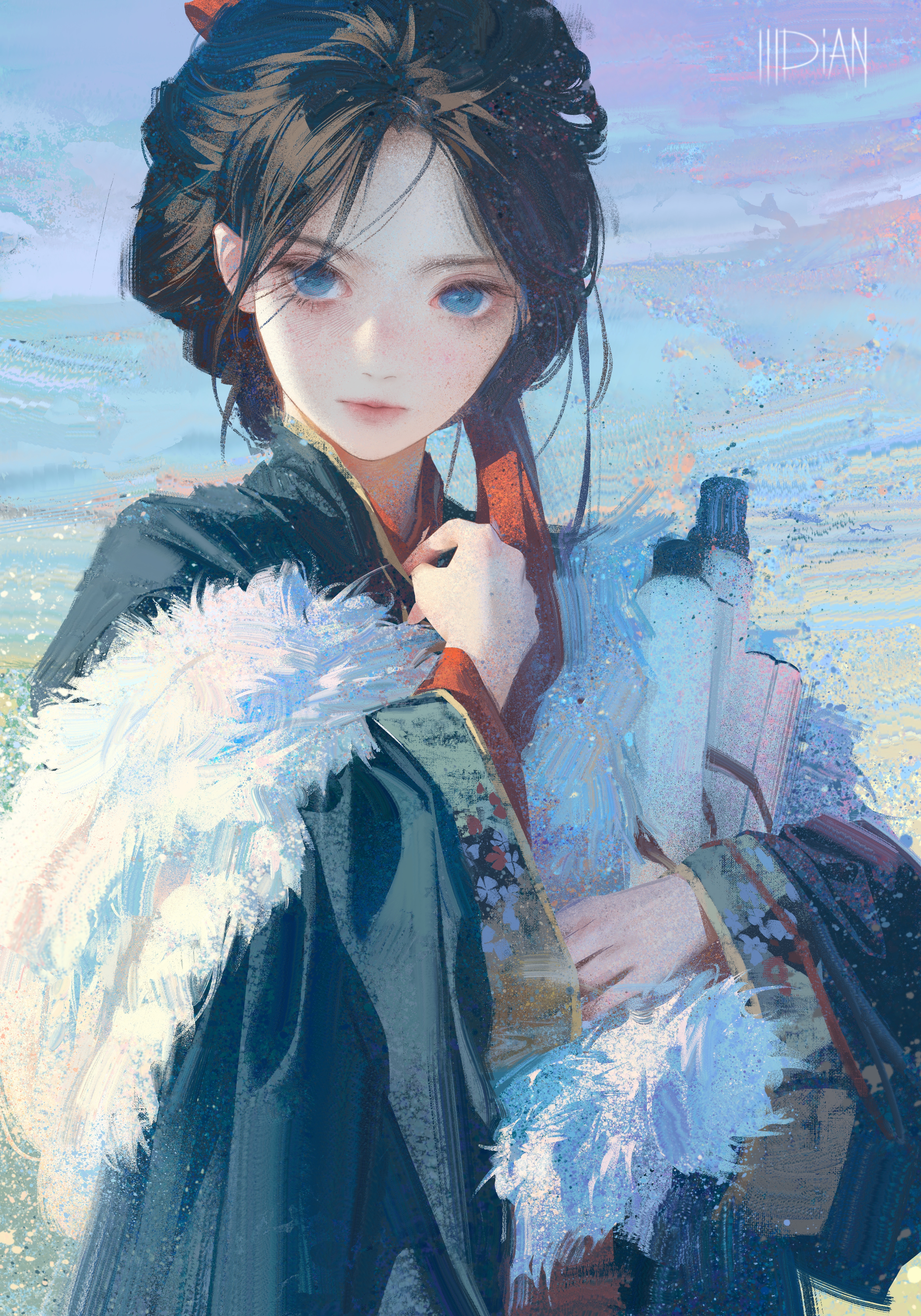 Free download Female Long Hair Brunette Blue Eyes Digital Art Illustration Digital Painting Portrait Mobile Wallpaper 4K Wallpaper, Wallpaper(s)