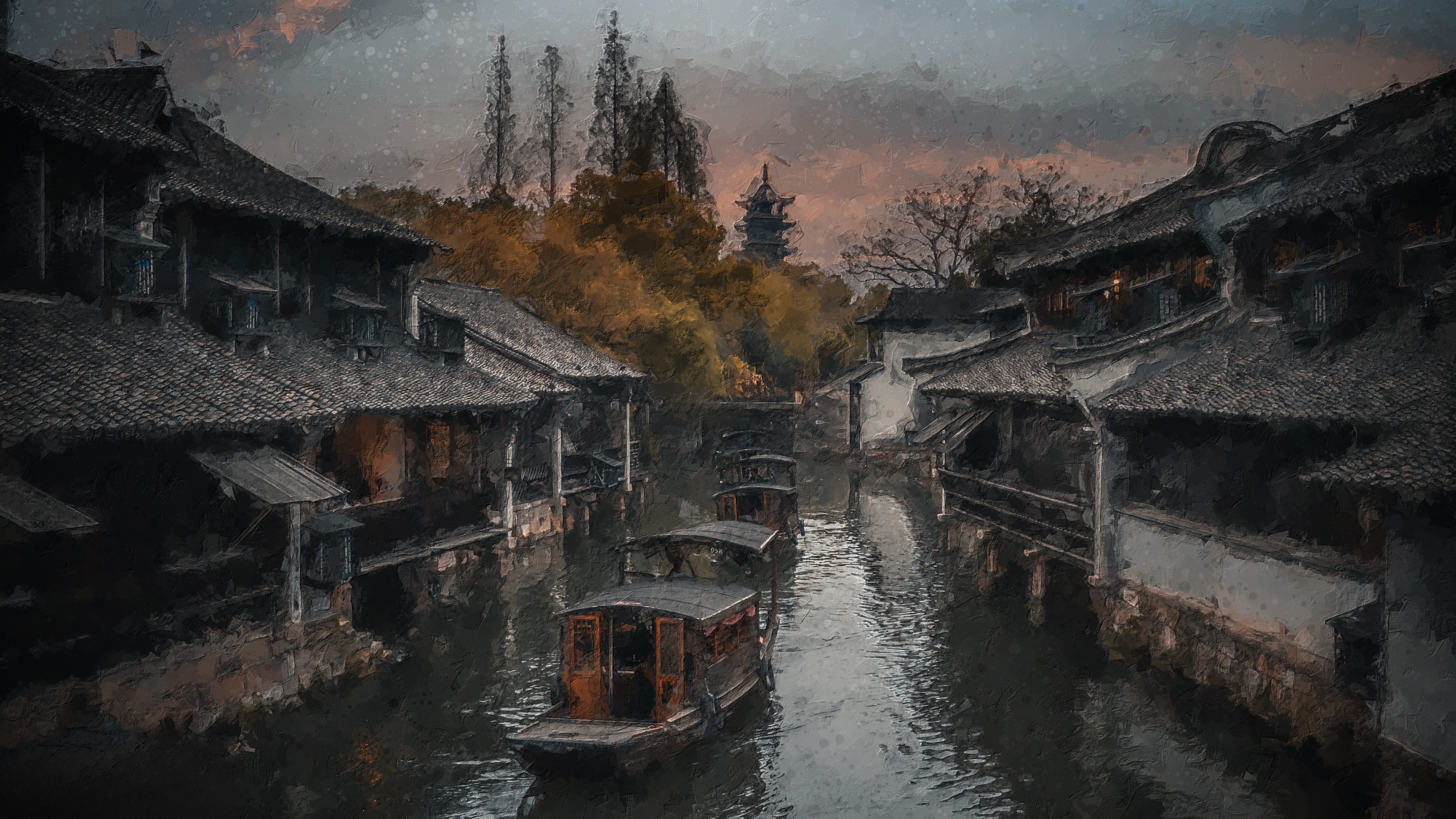 Free download Village Boat Water Reflection Trees Sky Building Wuzhen 4K Wallpaper, Wallpaper(s)