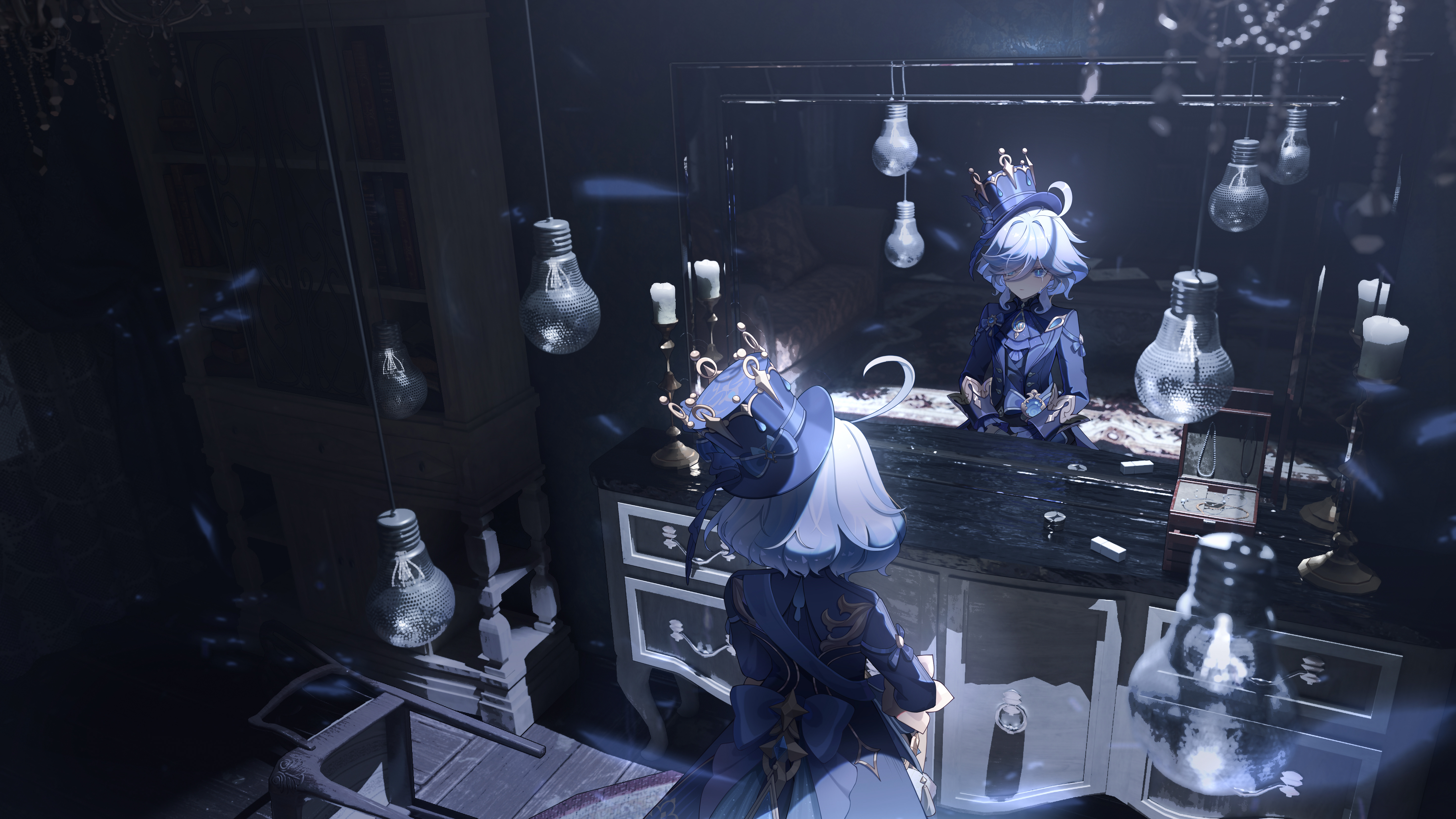 Free download Indoor Female Blue Hair Short Hair Tears Anime Girl Game Mirror Lonely Petals Crying Ultra-wide Light Bulb Hat Top Hat 4K Wallpaper, Wallpaper(s)