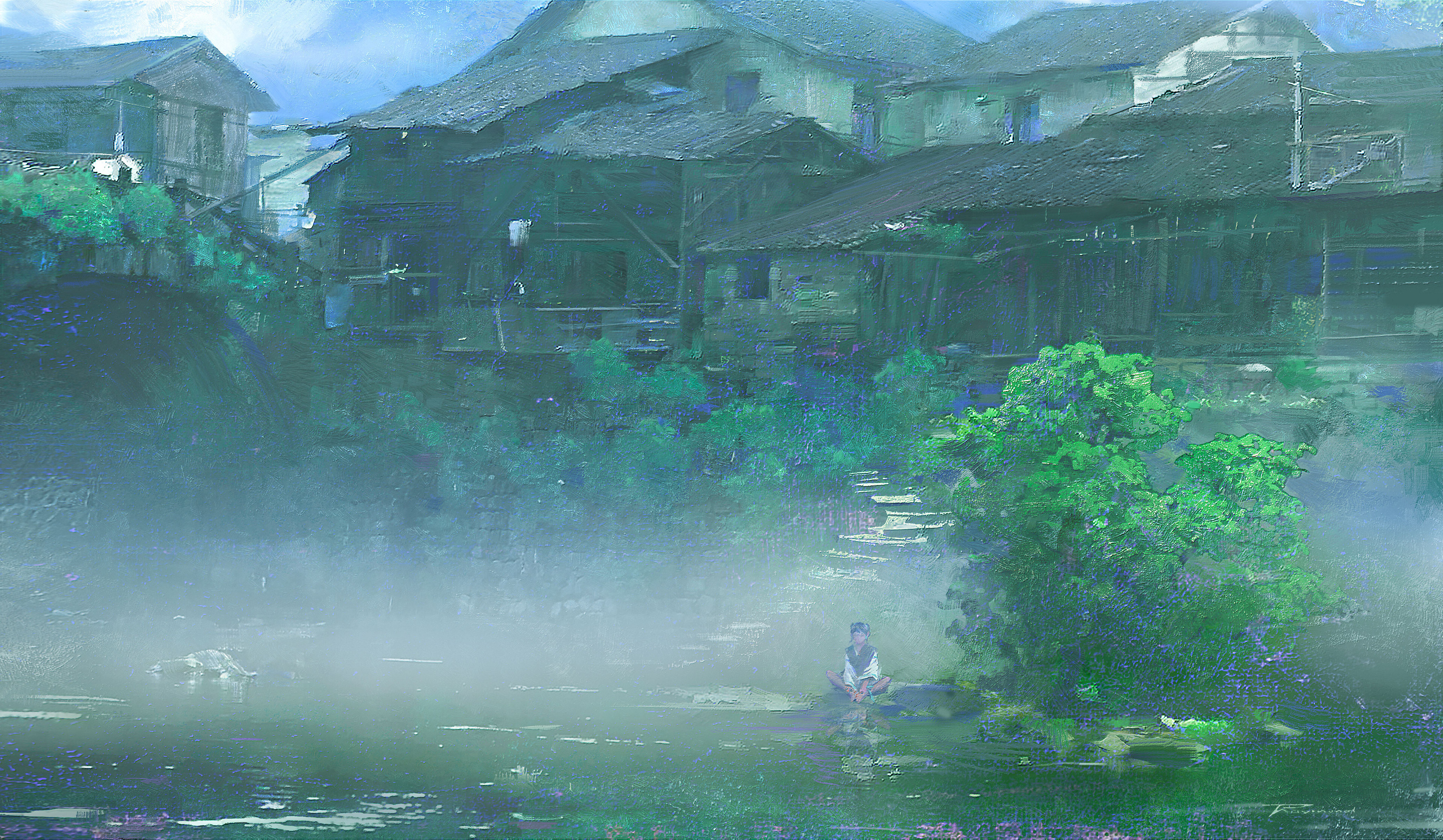 Free download Art Nature Trees Village Riverside River Girl Kids 4K Wallpaper, Wallpaper(s)