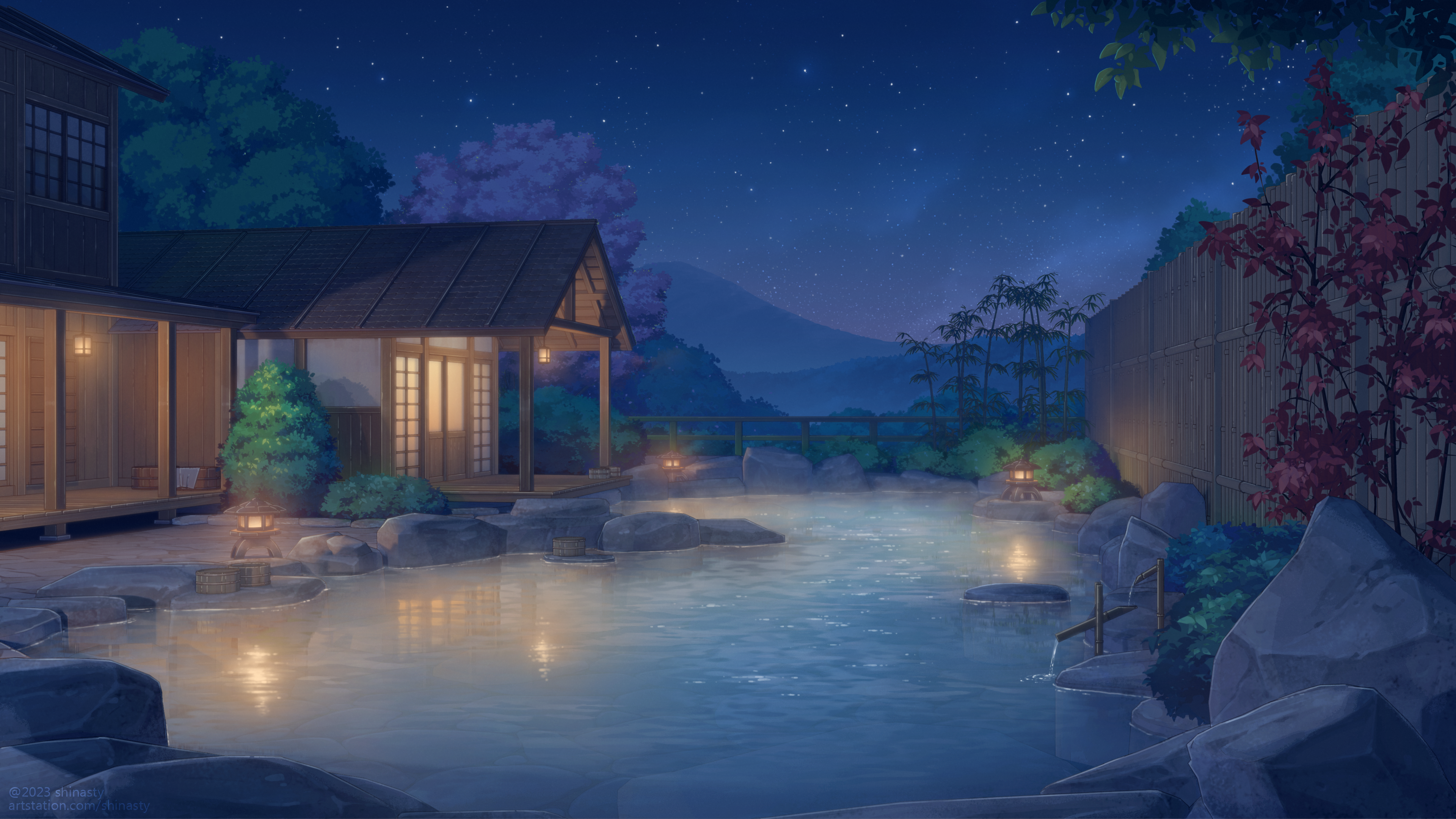 Free download Digital art art works illustration digital painting night house stars starry sky water mountain forest bamboo water hot spring 4K wallpaper, Wallpaper(s) website provided.