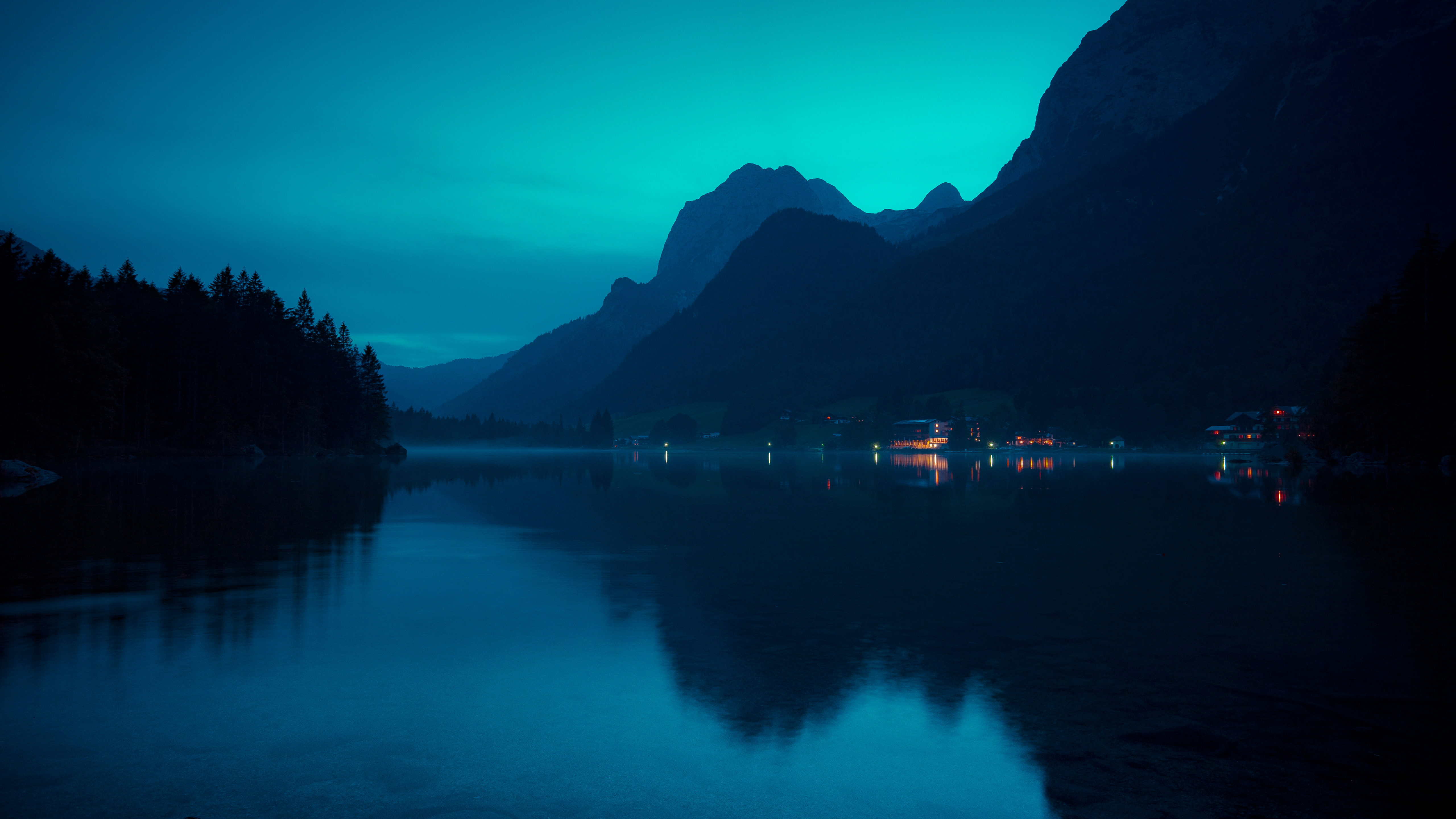 Free download Nature Landscape Mountains Clouds House Lights Water Lake Fog Lake 4K Wallpaper, Wallpaper(s)