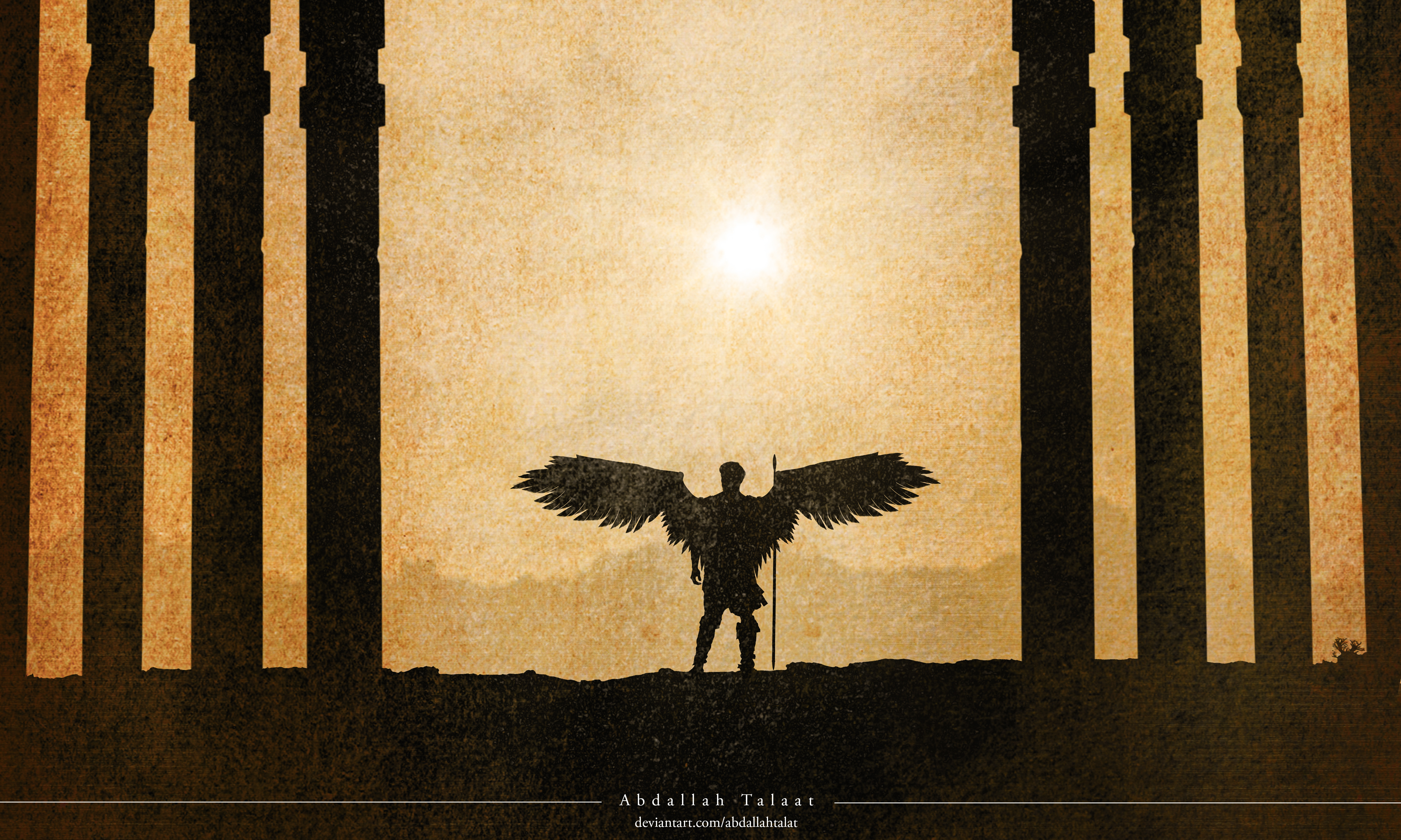 Free download Warrior Fantasy City Silhouette Epic Game Power Temple Temple Ruins Wings Dark Sunset Mythical Celestial God of War Movie 4K Wallpaper, Wallpaper(s)