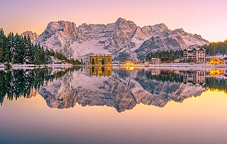 Free download Nature Landscape Trees Snow Mountains Water Lake Reflection Lights Sky 4K Wallpaper, Wallpaper(s) website provided.