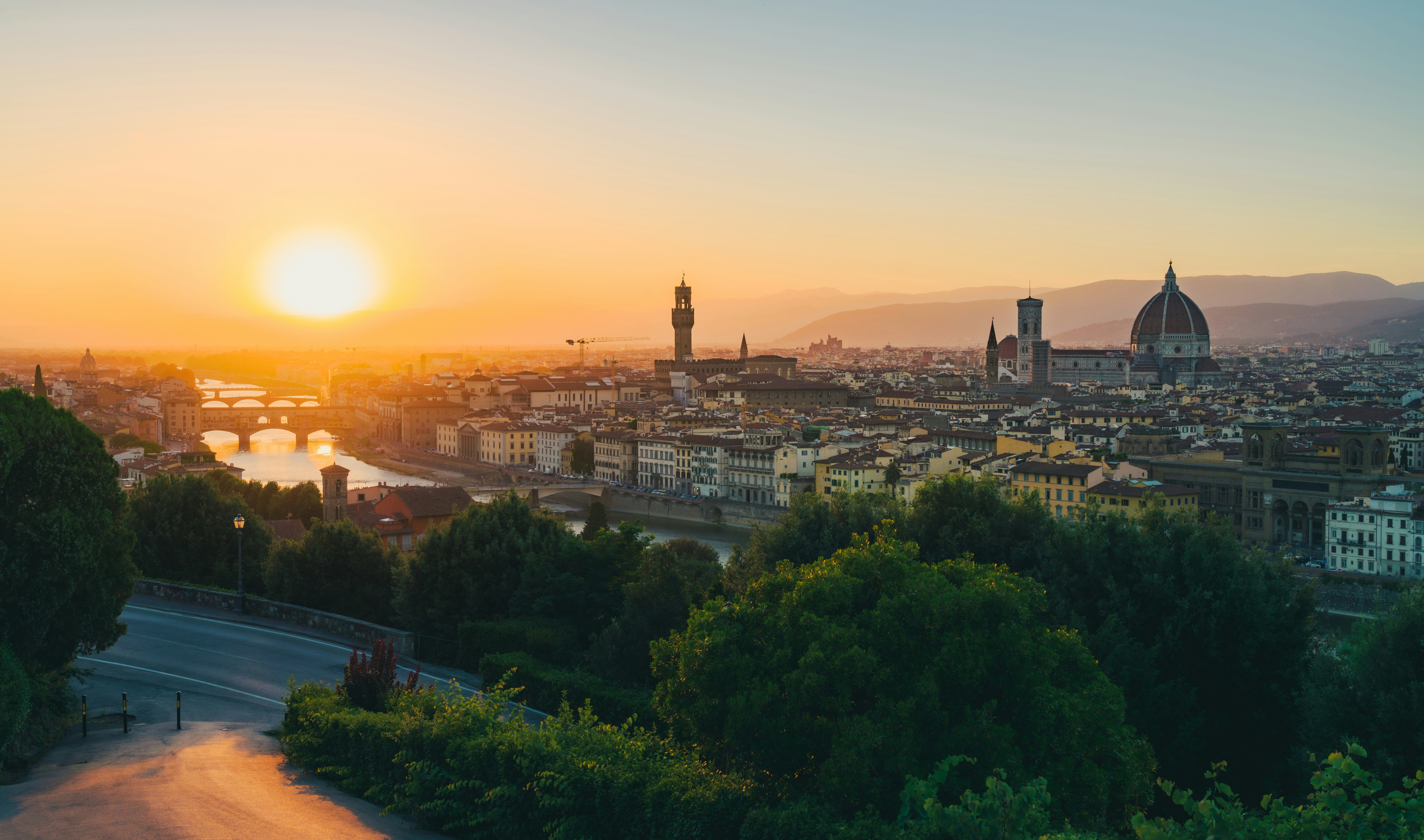 Free download Landscape city river bridge building apartment mountains trees road sun 4K wallpaper, Wallpaper(s) website provided.