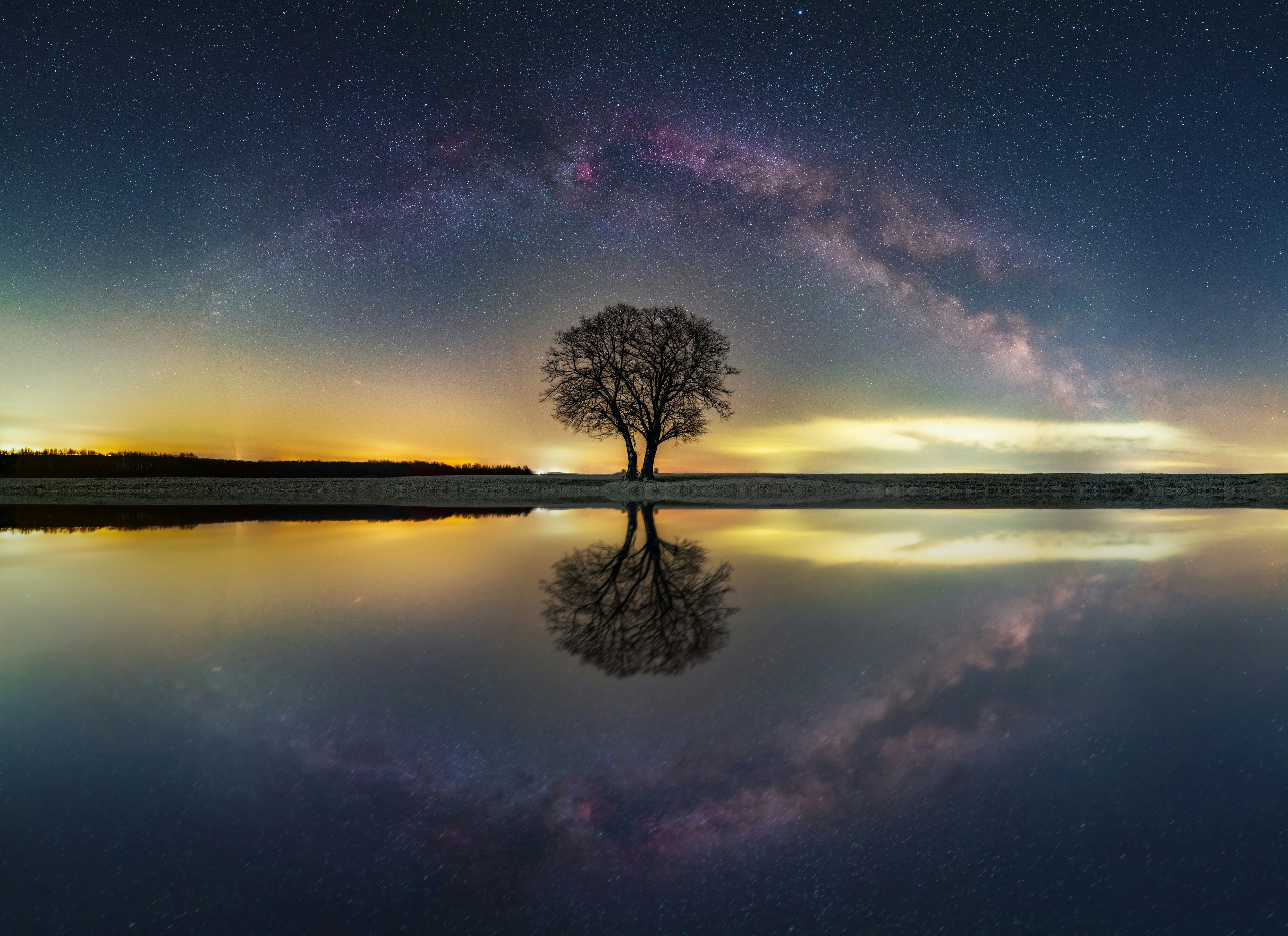 Free download Nature Milky Way Water Reflection Trees Stars 4K Wallpaper, Wallpaper(s)
