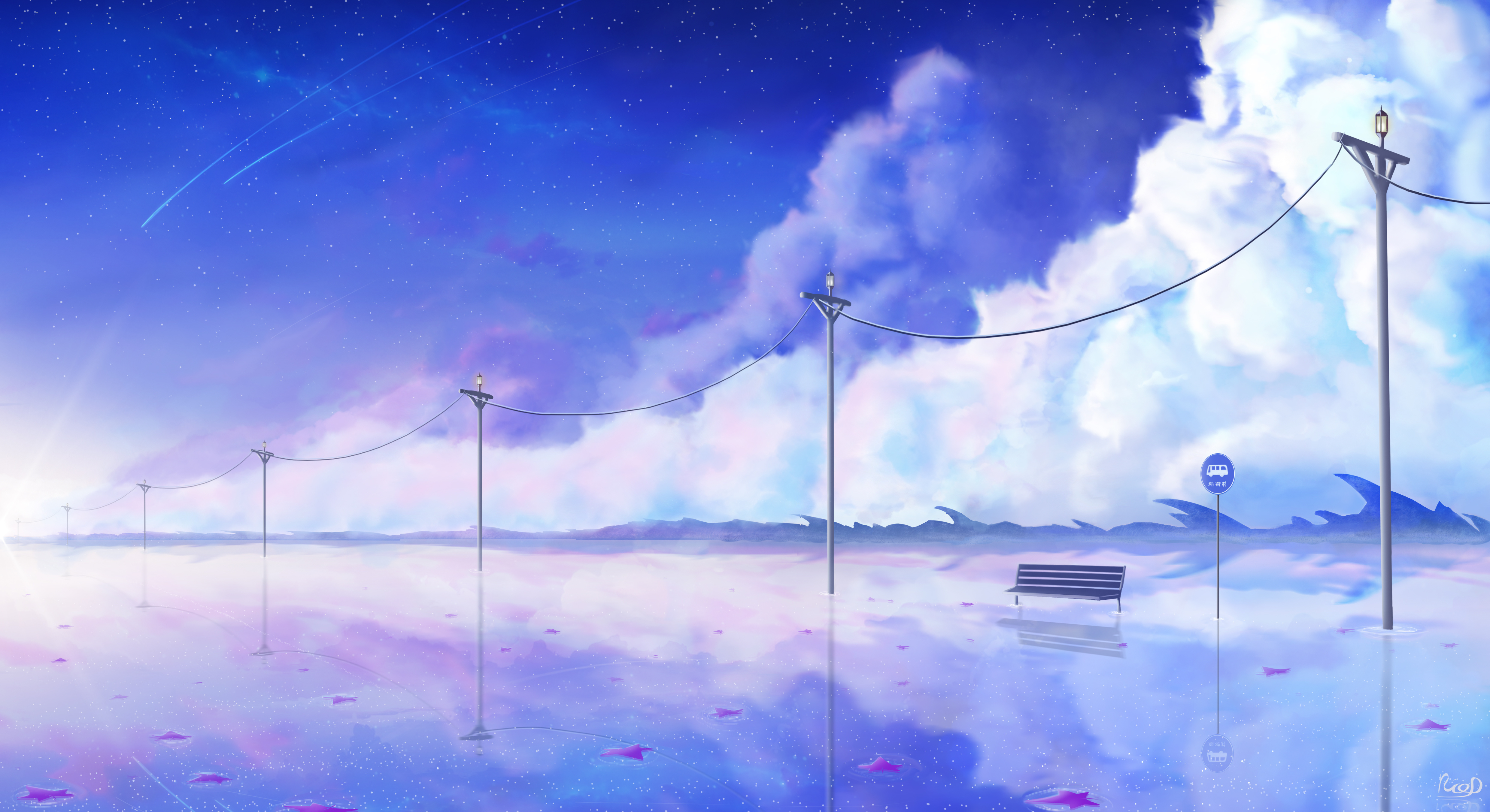 Free download AI art illustration painting landscape clouds sky landscape comet reflection bench fantasy art road sun atmosphere 4K wallpaper, Wallpaper(s) website provided.