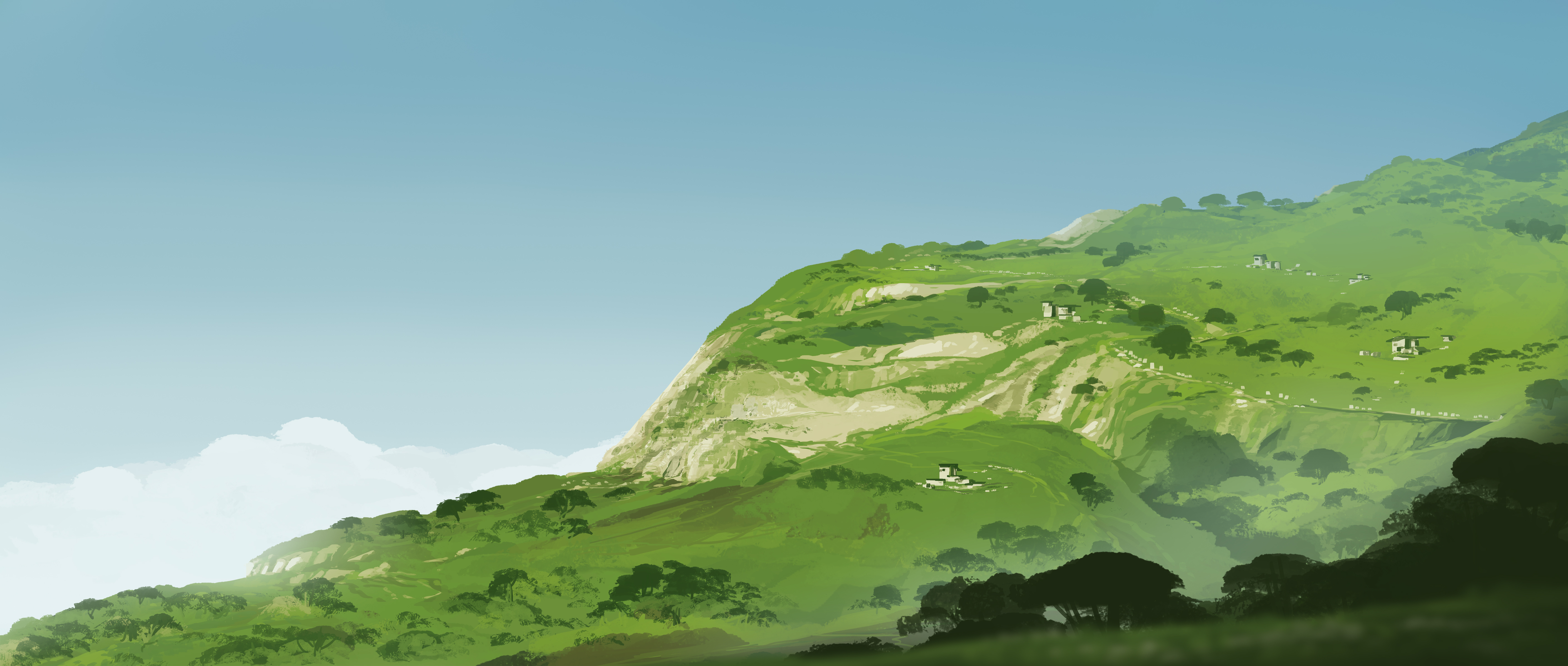 Free download Ultra wide screen illustration numbers painting landscape houses mountains nature trees sky green clouds 4K wallpaper, Wallpaper(s)