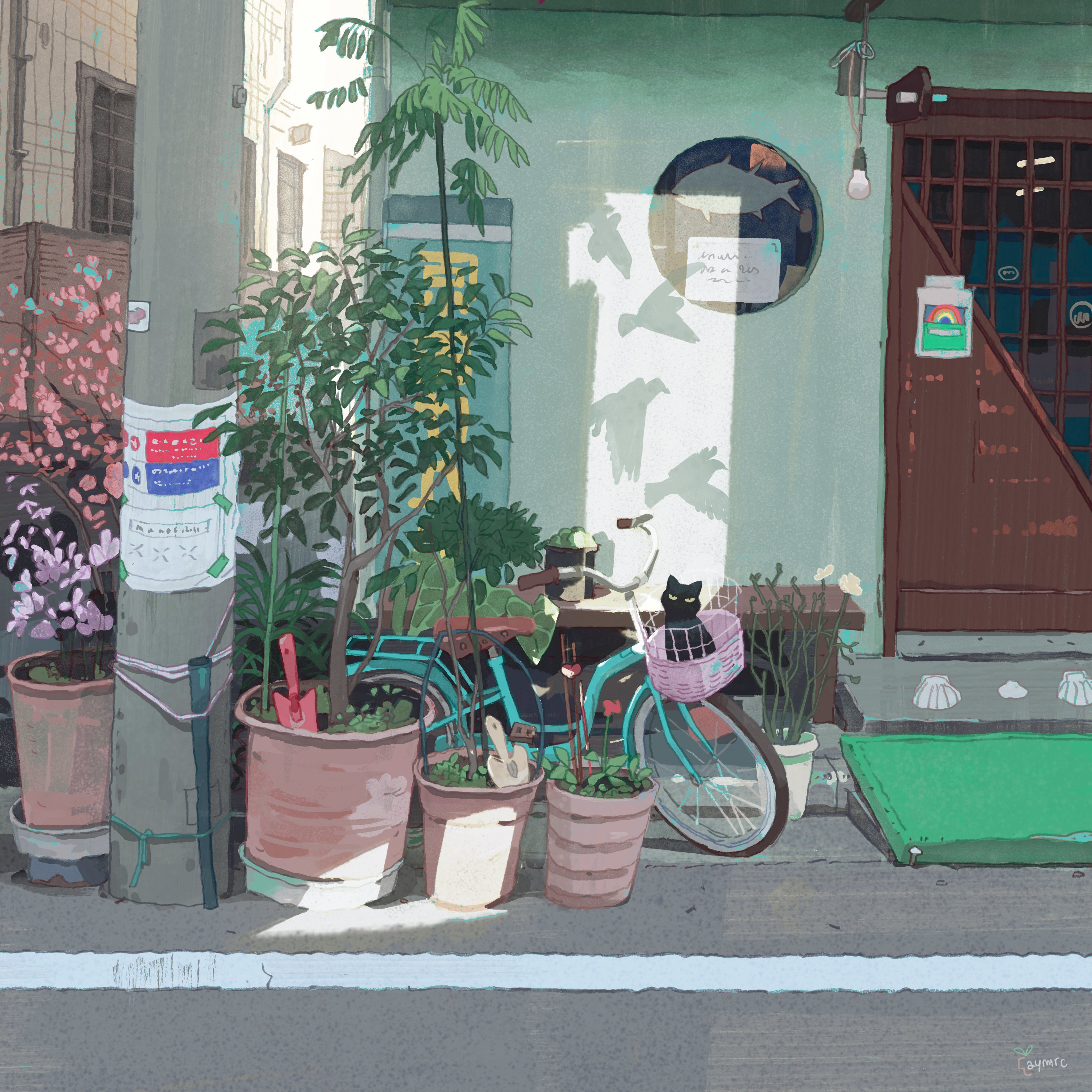 Free download Sunshine AI Art Digital Painting Peace Street Art Plants Corner Black Cat Flower Pot Leaves Cat Animals Mobile Wallpaper 4K Wallpaper, Wallpaper(s) website provided.