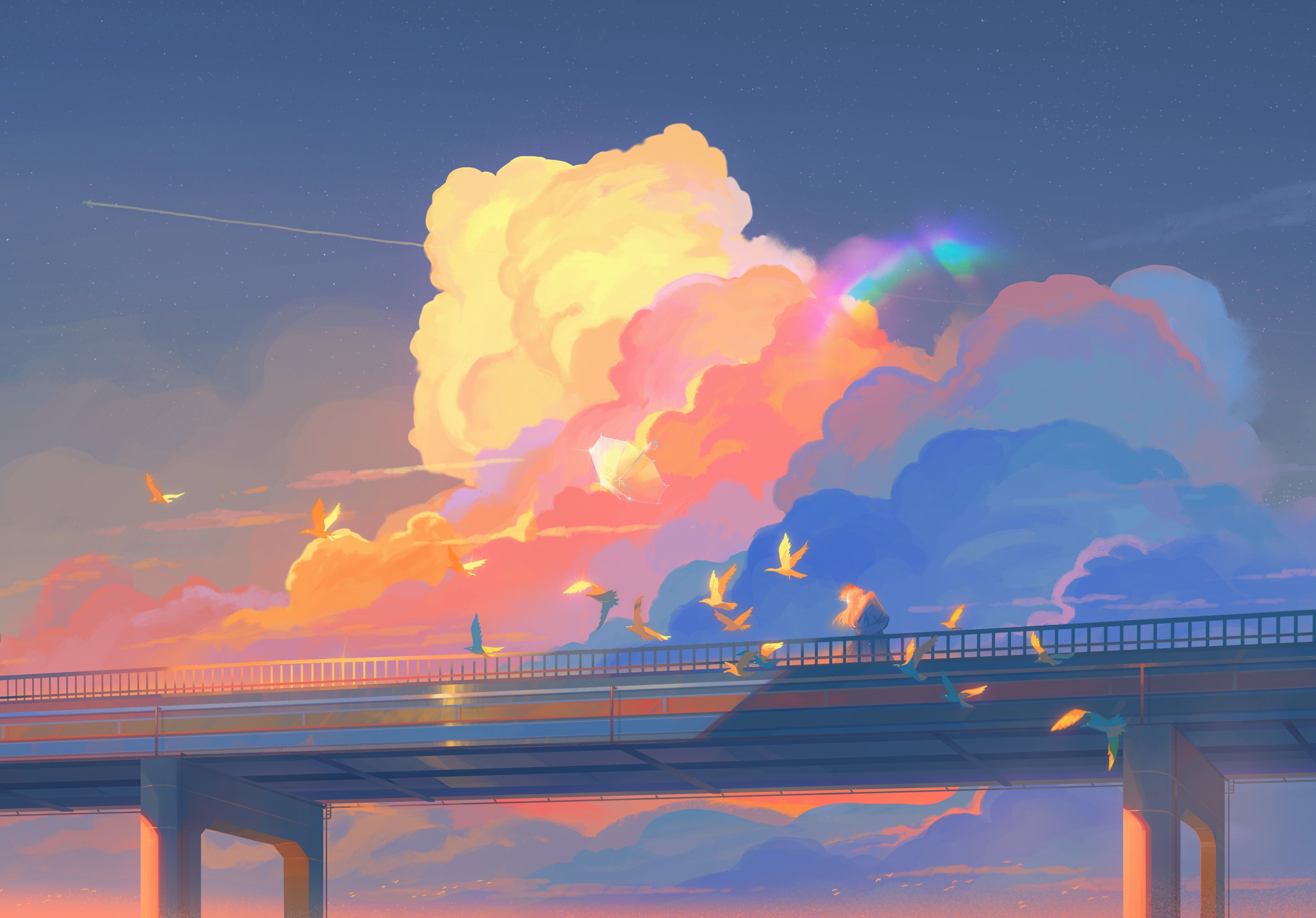 Free download Couple Couple Digital Art Illustration Digital Painting Fantasy Art Landscape Sunset Clouds Sky Bridge Birds Animals Umbrella Sunshine 4K Wallpaper, Wallpaper(s) website provided.
