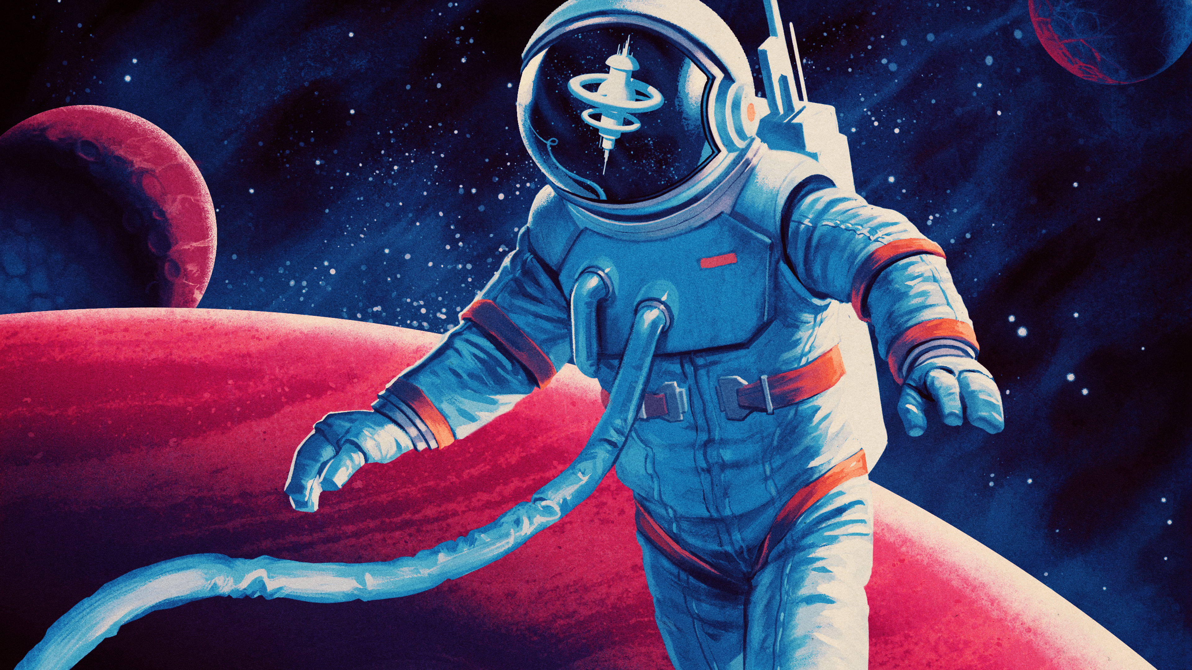 Free download Astronaut Illustrations Science Fiction Retro Science Fiction Novel Reflection Space Station Space Planet Star Steam 4K Wallpaper, Wallpaper(s) website provided.