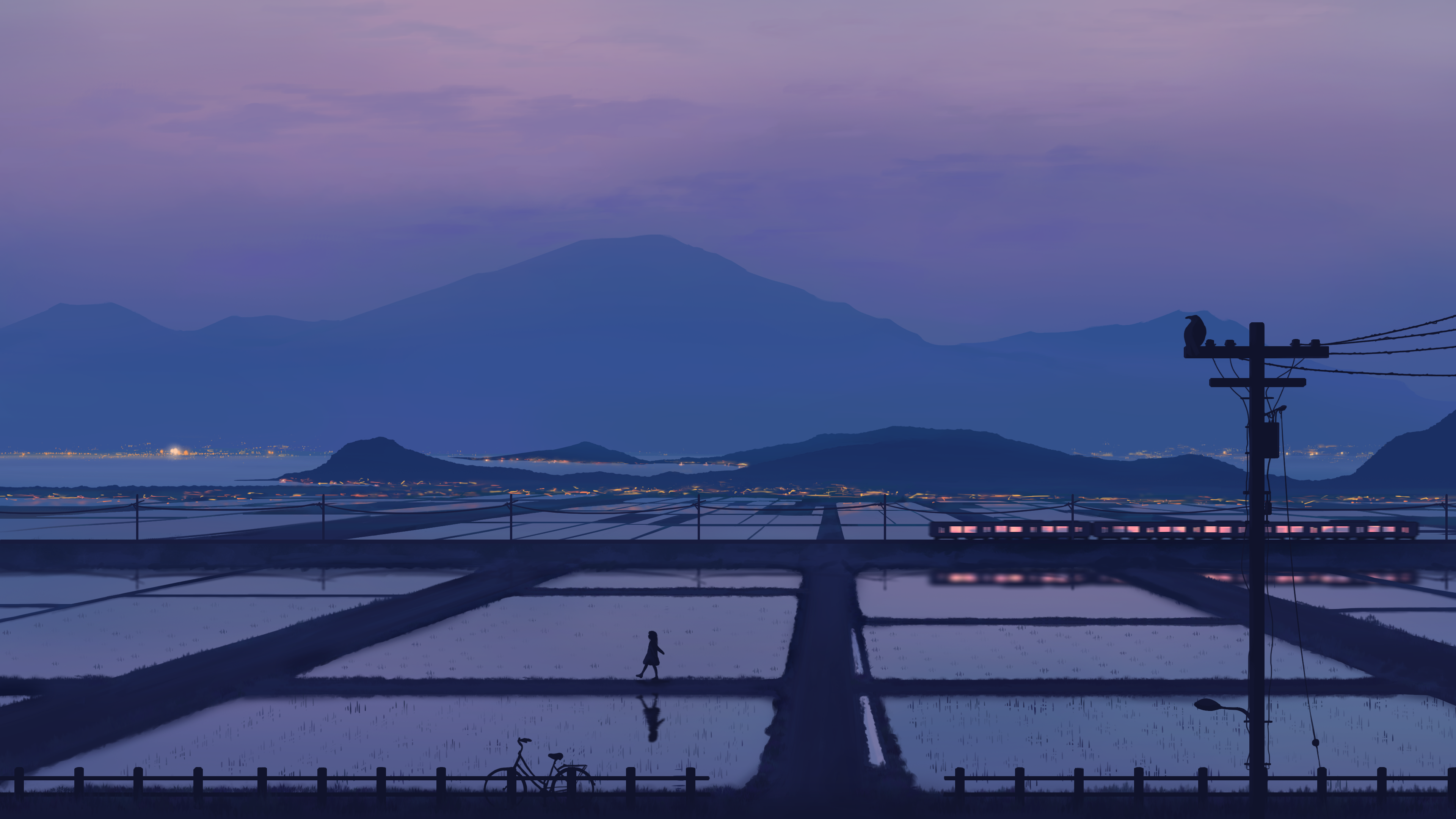 Free download Digital art illustration painting landscape nature mountains telephone poles rice fields train reflection blue 4K wallpaper, Wallpaper(s) website provided.