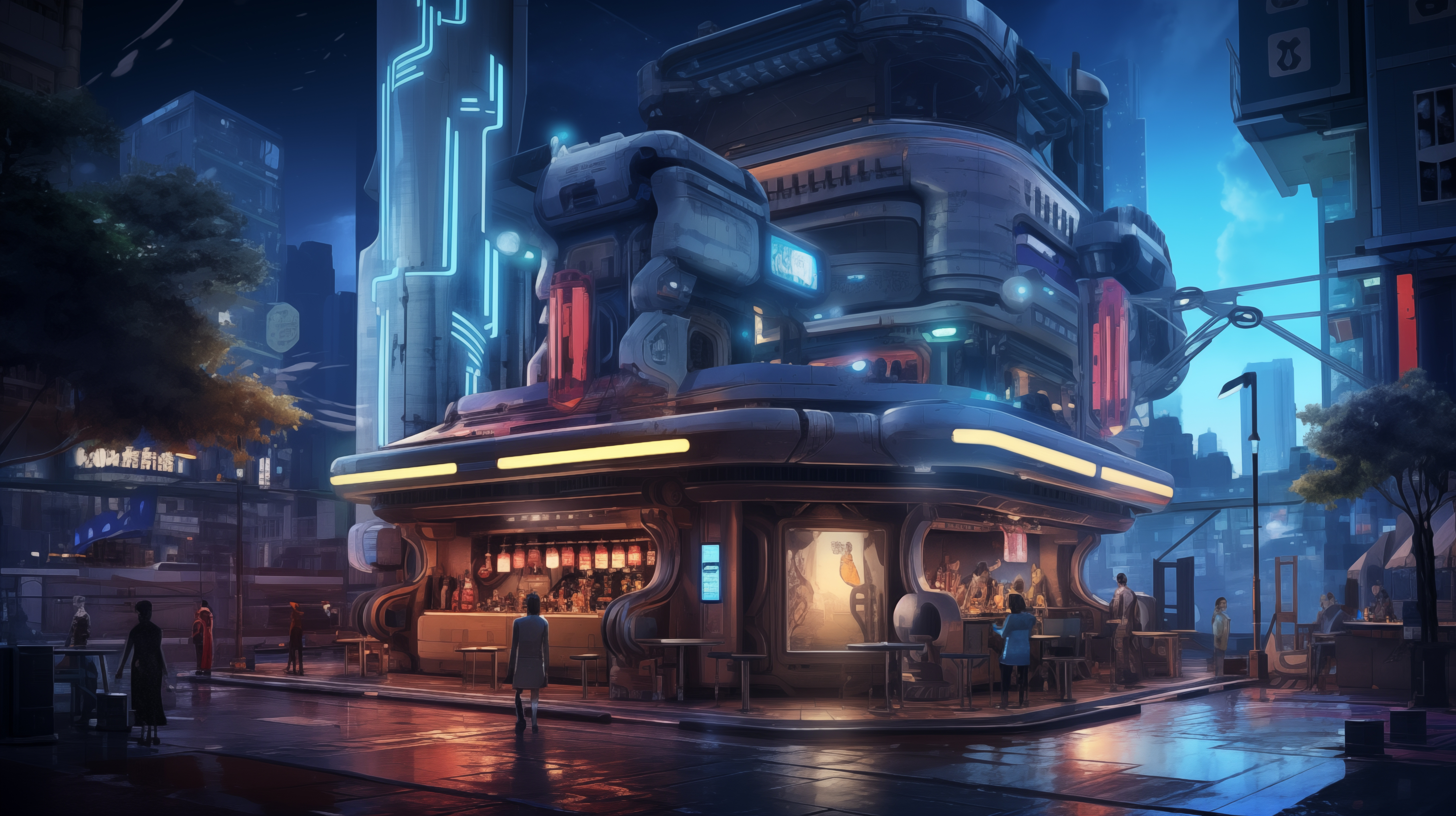 Free download AI Art City Illustration Futuristic Dinner Night Computer Wallpaper 4K Wallpaper, Wallpaper(s) website provided.