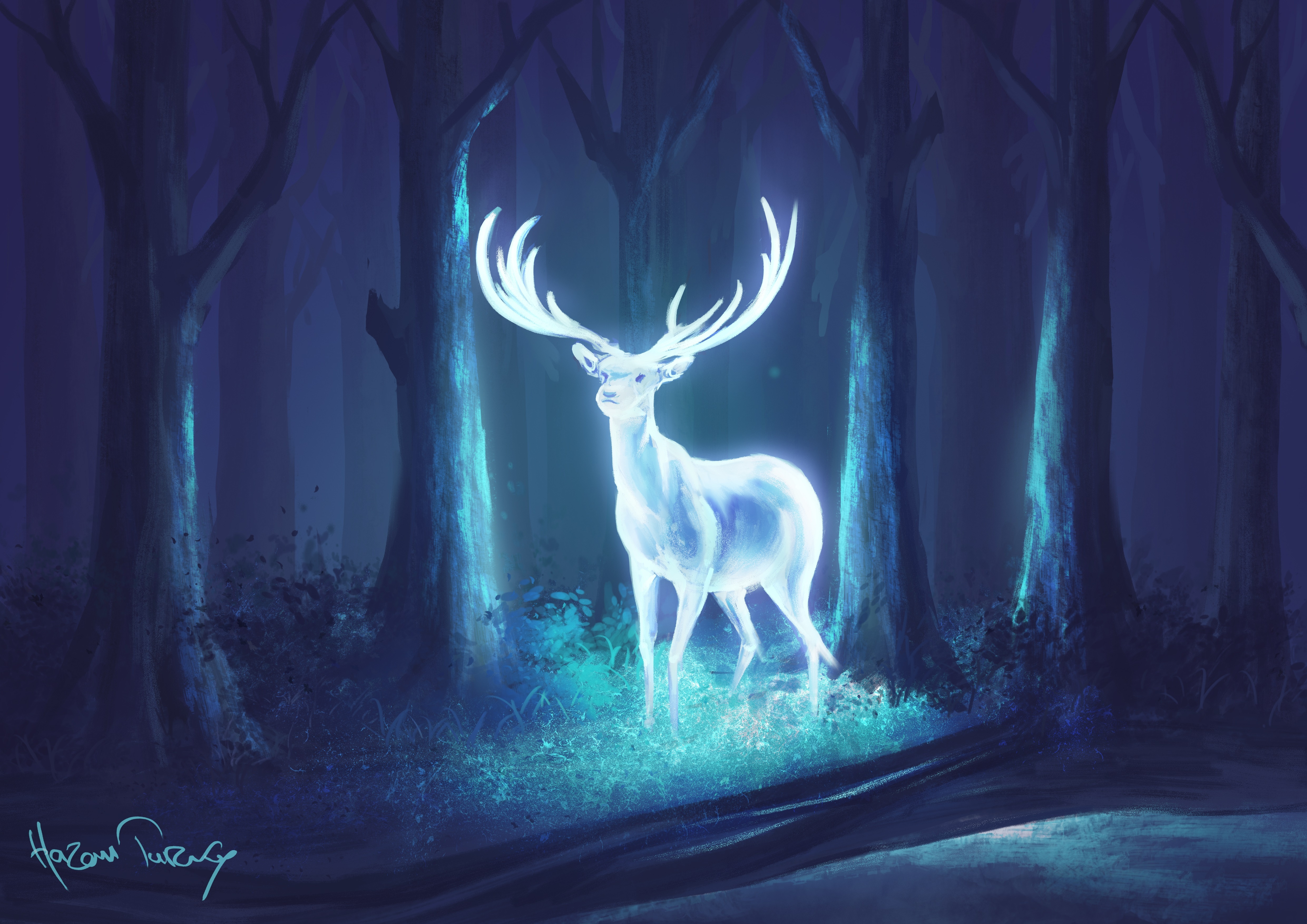 Free download AI Art Deer Forest Neon Lights Fantasy Art Blue Cyan 4K Wallpaper, Wallpaper(s) website provided.