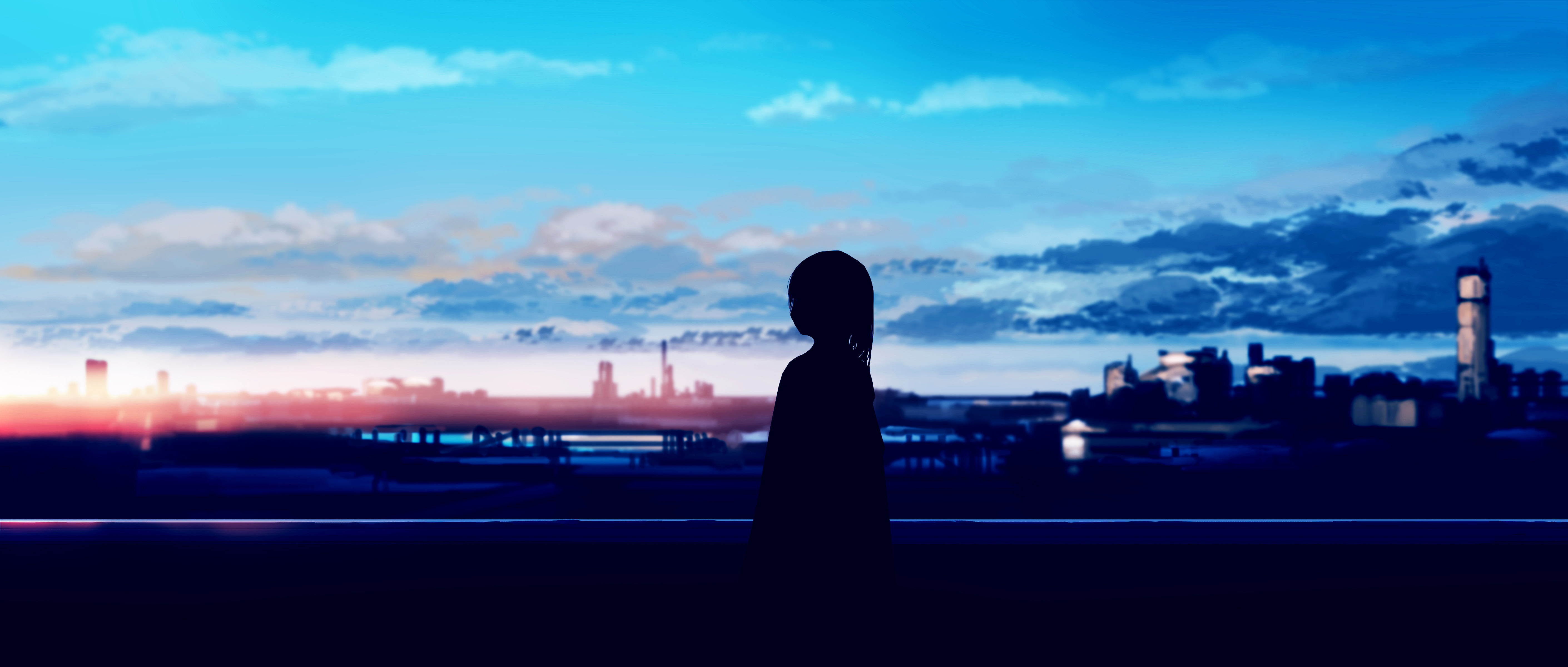 Free download Long hair stand digital art silhouette sunshine sky 4K wallpaper, Wallpaper(s) website provided.