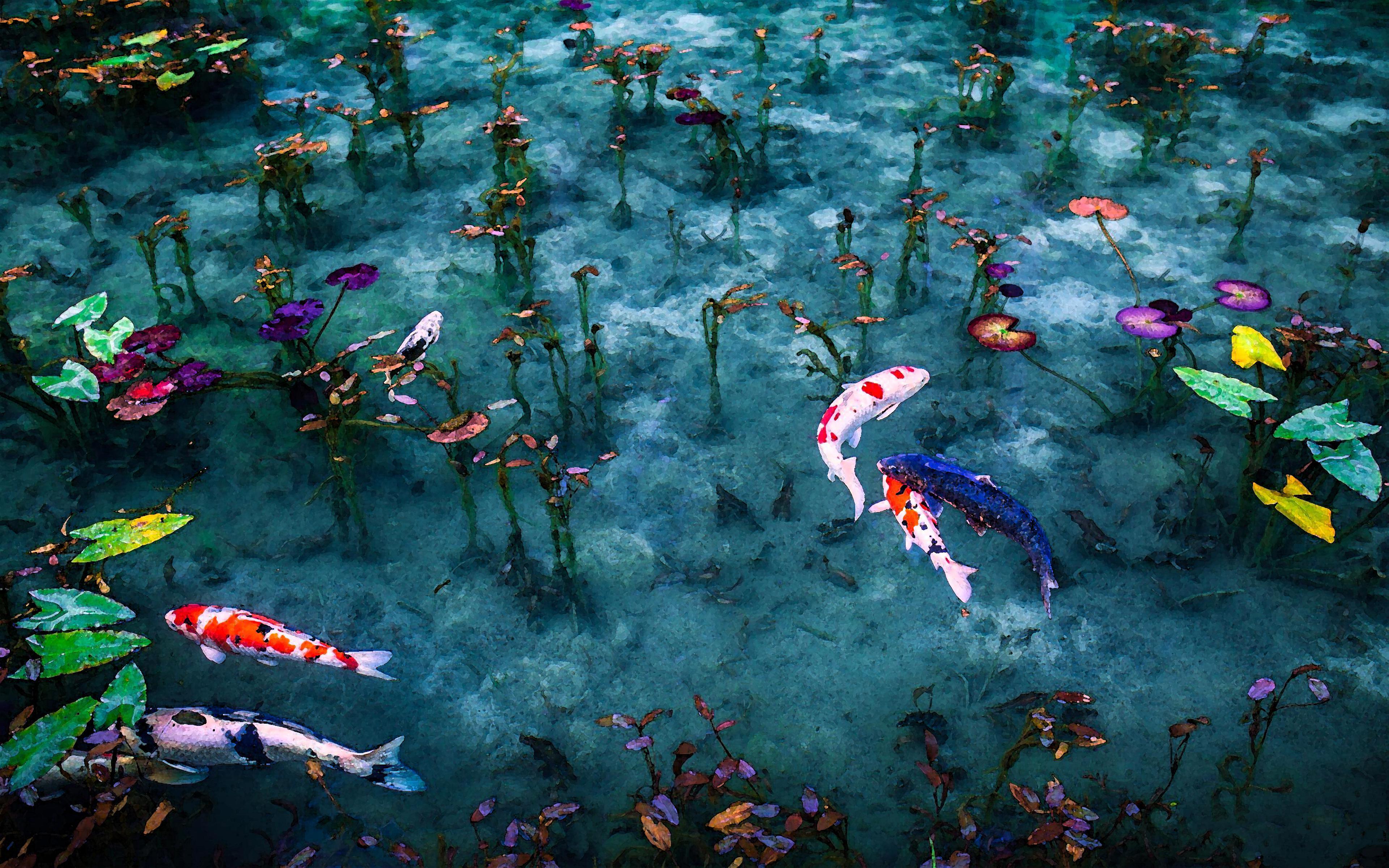 Free download Painting Plants Leaves Fish Koi Computer Wallpaper 4K Wallpaper, Wallpaper(s) website provided.