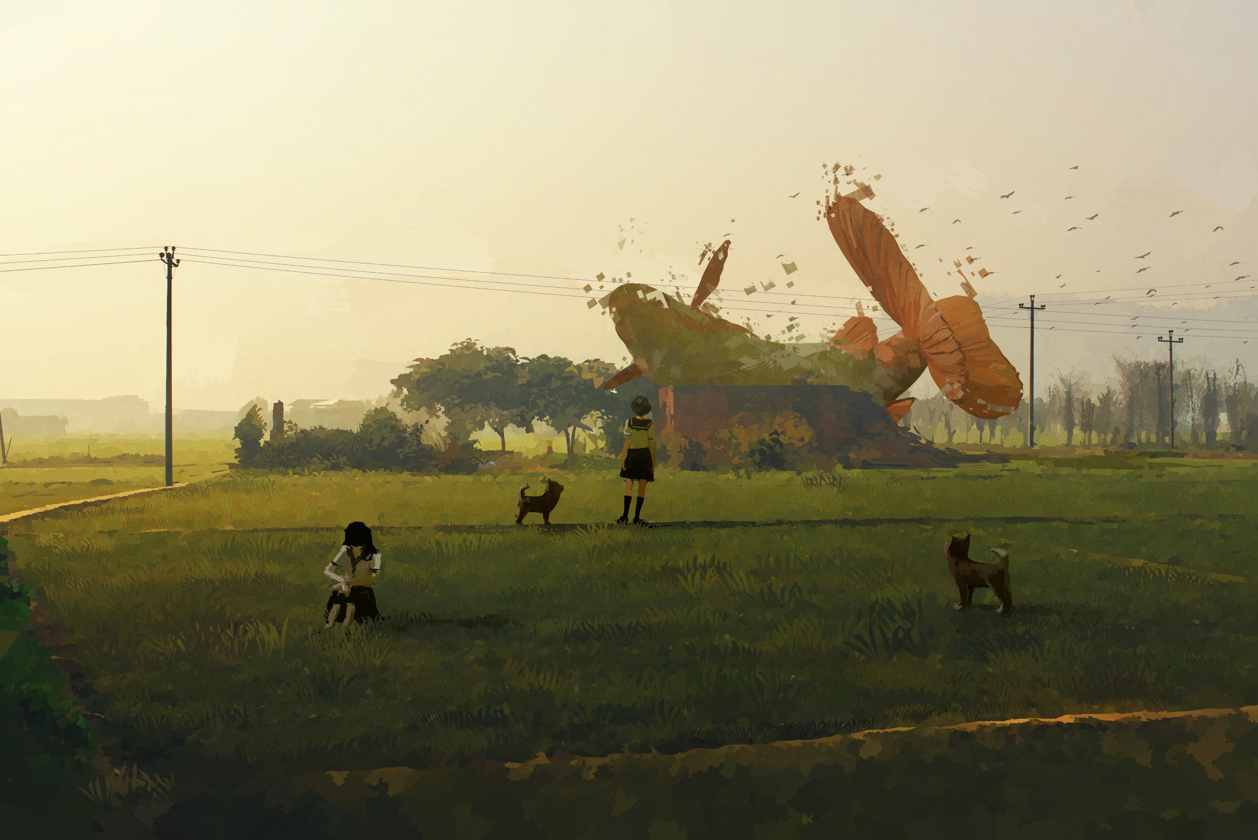 Free download Female student illustration landscape wire dog field fantasy art tree grass 4K wallpaper, Wallpaper(s)
