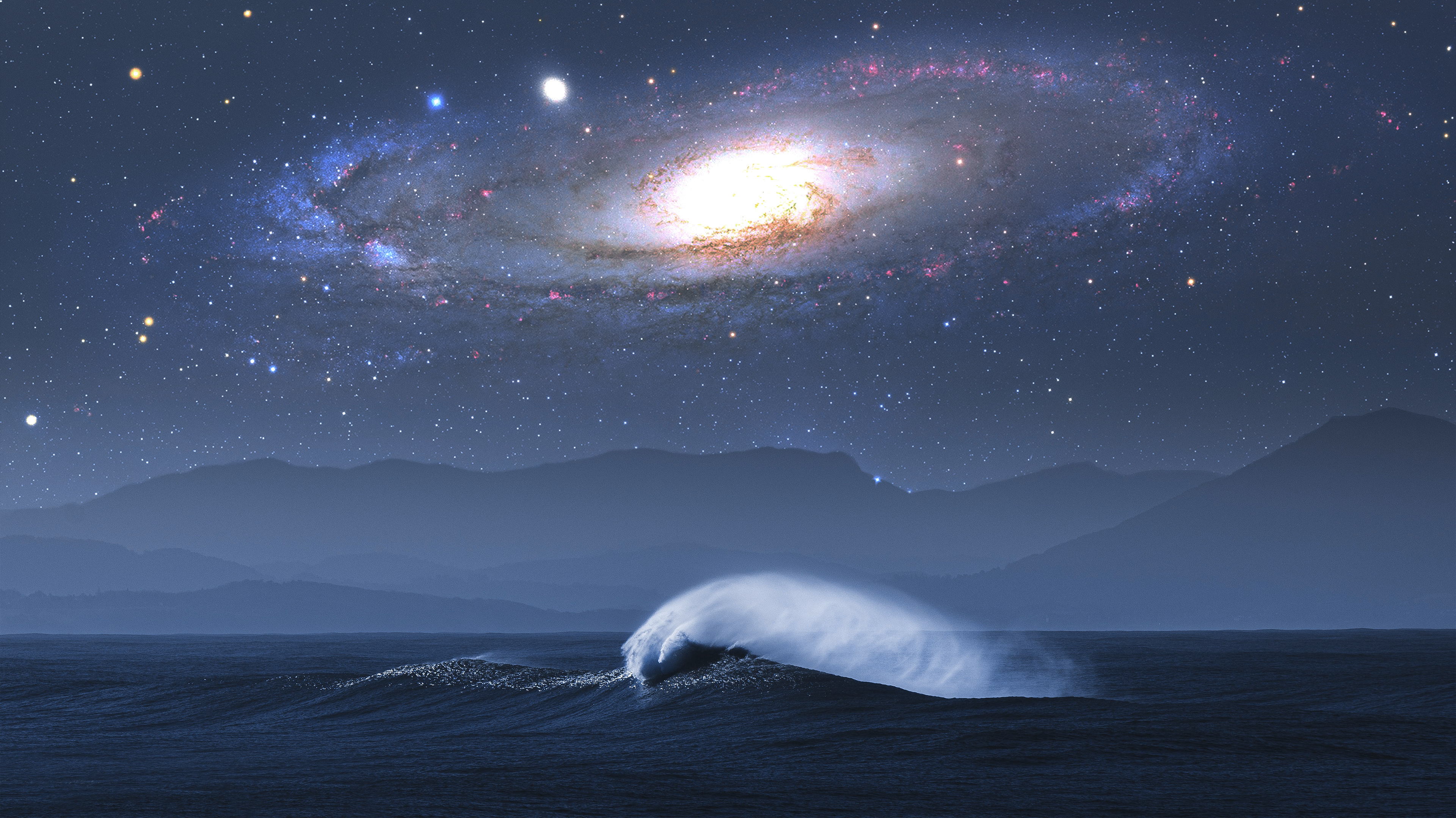 Free download Space Andromeda Stars Sky Night Mountains Night Scenery Scenery Waves Starry Night 4K Wallpaper, Wallpaper(s) website provided.