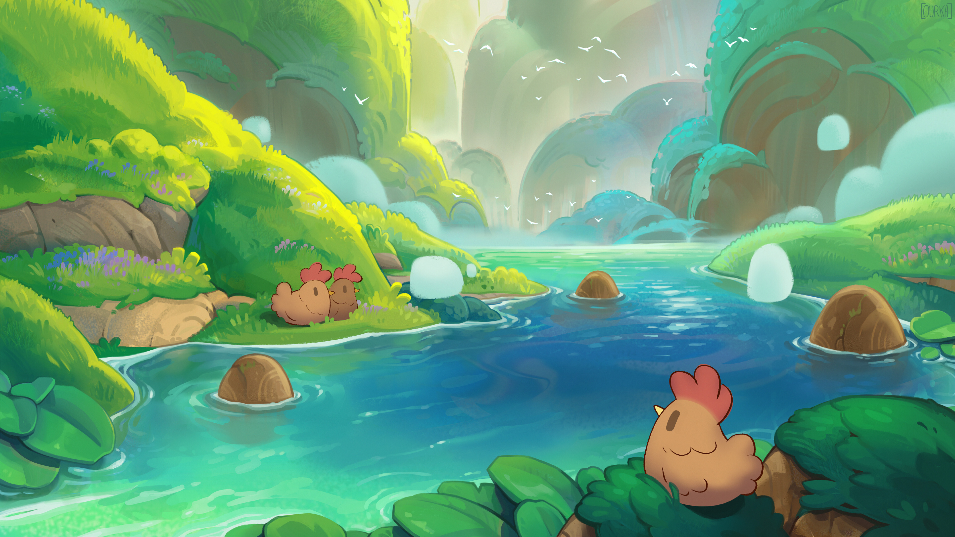 Free download River Stone Chicken Art AI Art Water Nature Animal Forest 4K Wallpaper, Wallpaper(s) website provided.