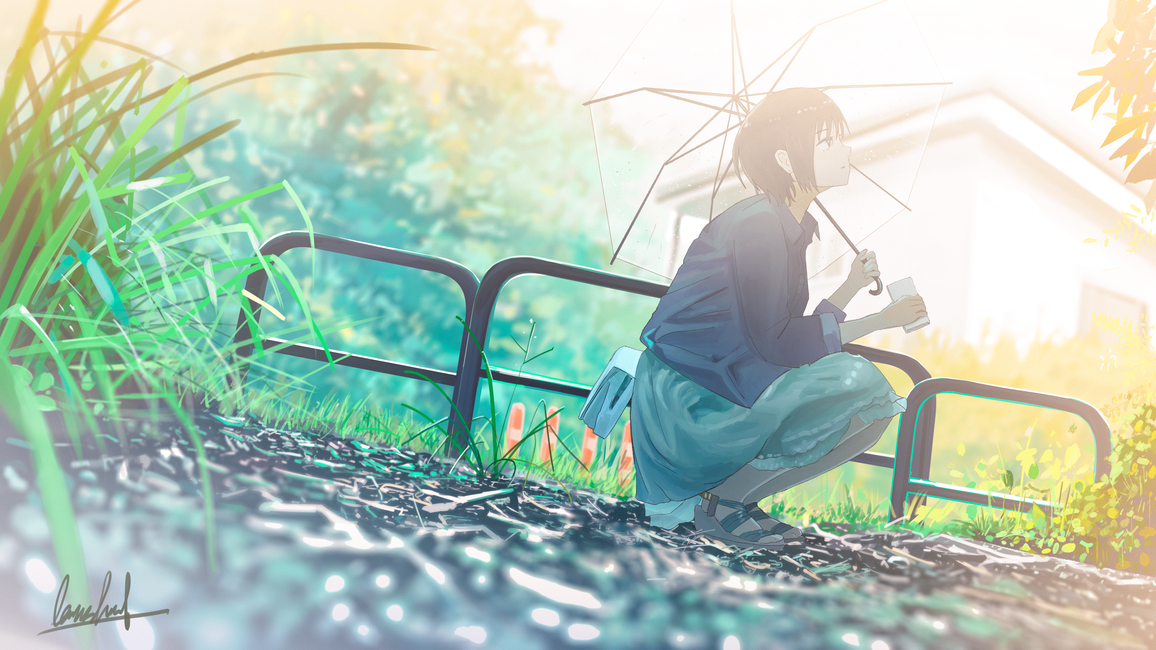 Free download Short hair squat anime anime girl AI art umbrella 4K wallpaper, Wallpaper(s) website provided.