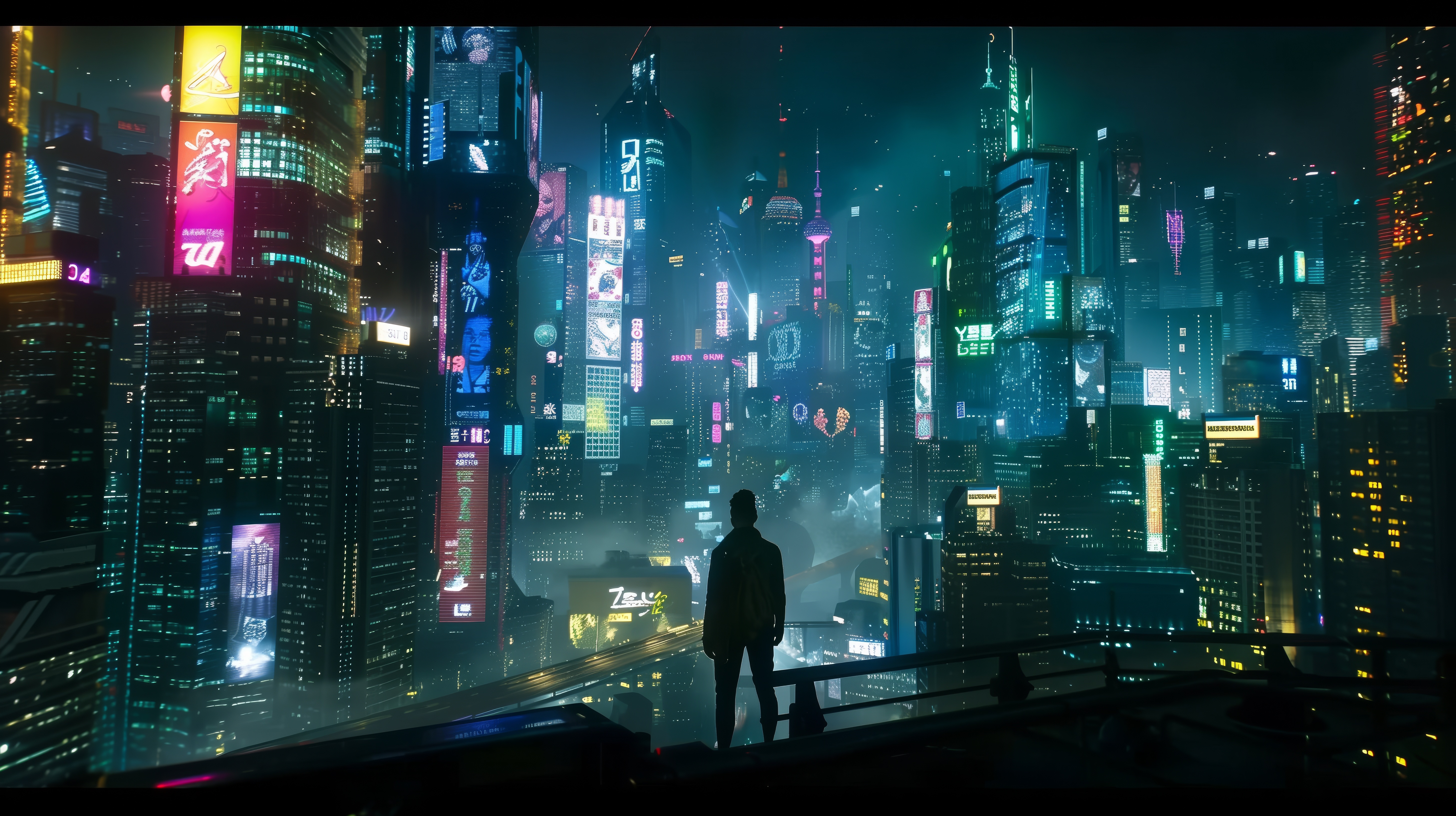 Free download AI Art Cyberpunk Cityscape Neon Silhouette Computer Wallpaper 4K Wallpaper, Wallpaper(s) website provided.