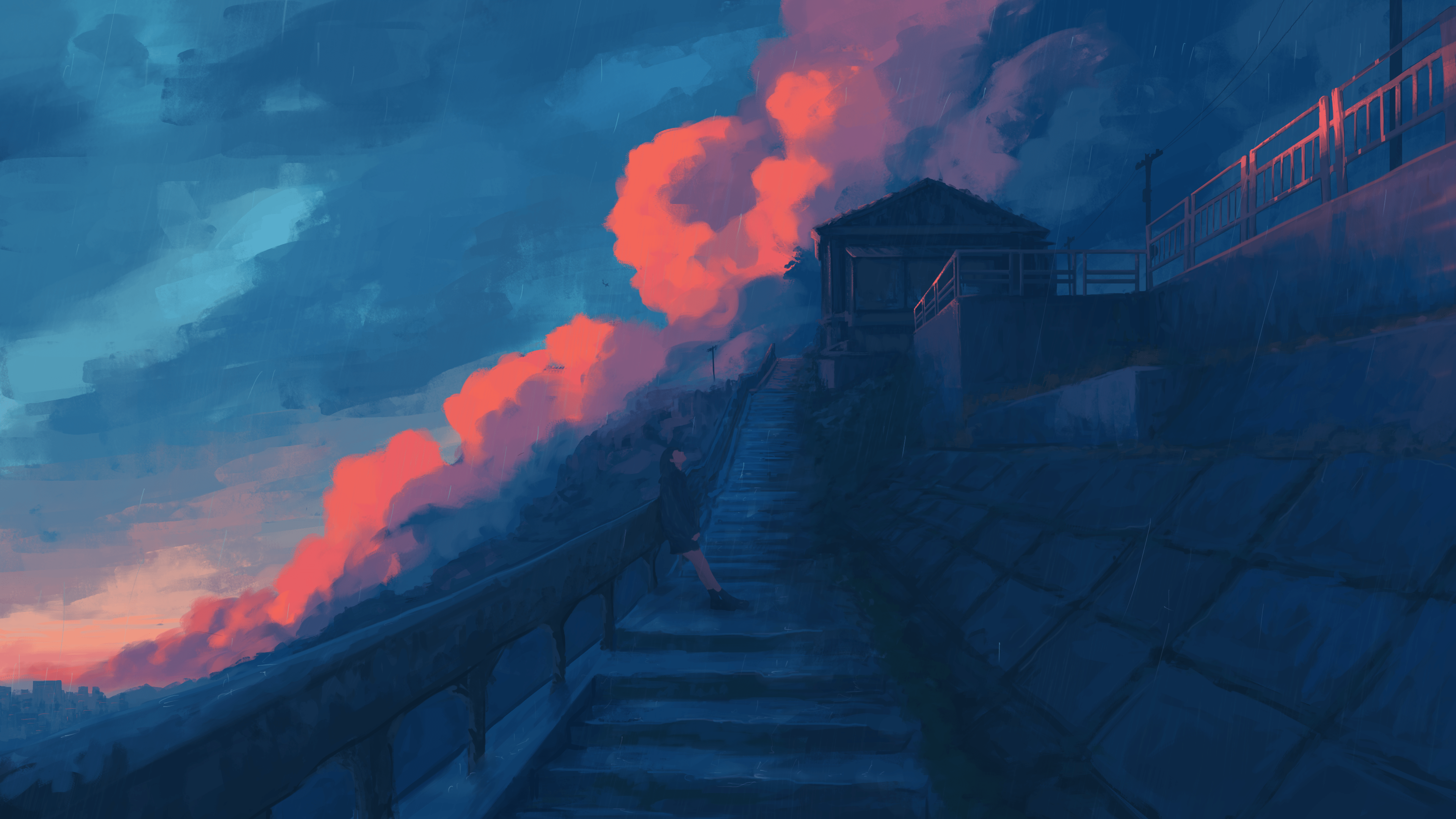 Free download Head up outdoor female digital art illustration staircase cloud night light raindrop anime girl sky railing wire city landscape 4K wallpaper, Wallpaper(s)