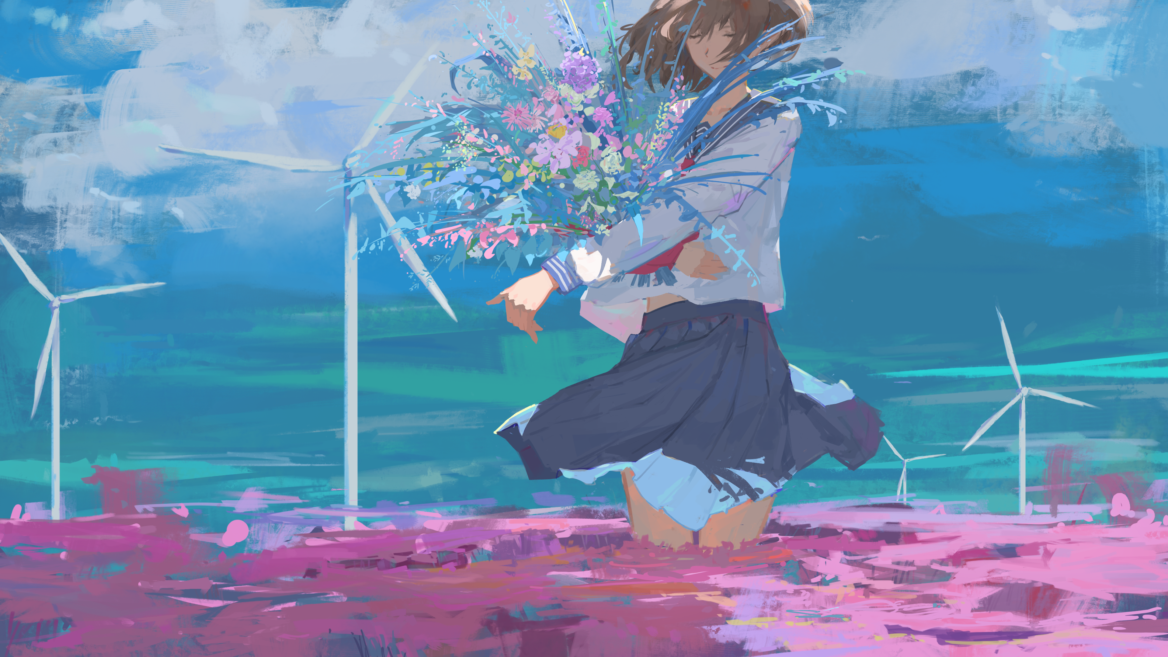 Free download Original Characters Short Hair Eyes Closed Dark Hair Anime Girl Flowers Sailor Uniform Windmill 4K Wallpaper, Wallpaper(s) website provided.