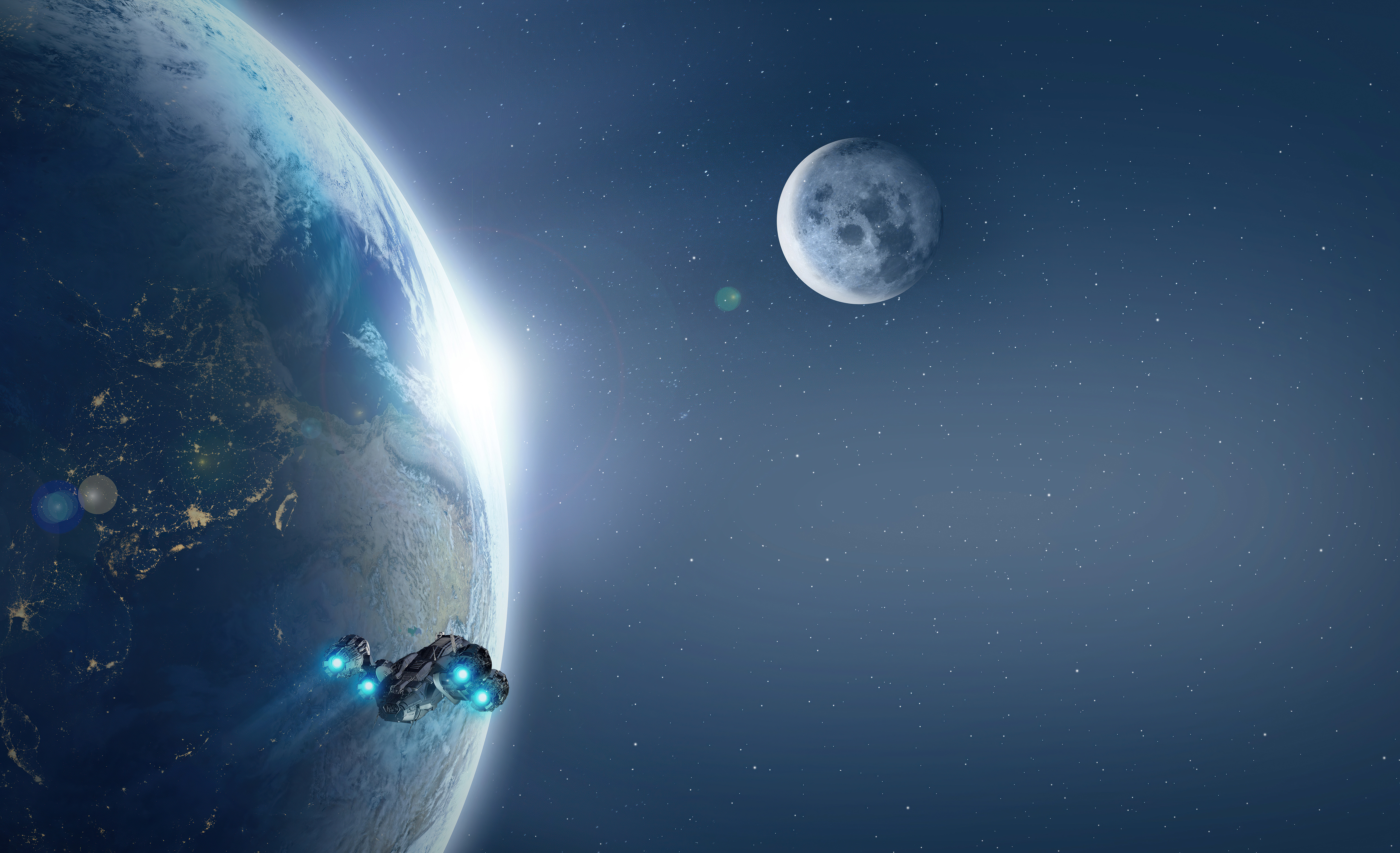Free download Science Fiction Universe Spaceship Planet AI Art Moon Stars Lens Flare Sunshine 4K Wallpaper, Wallpaper(s) website provided.