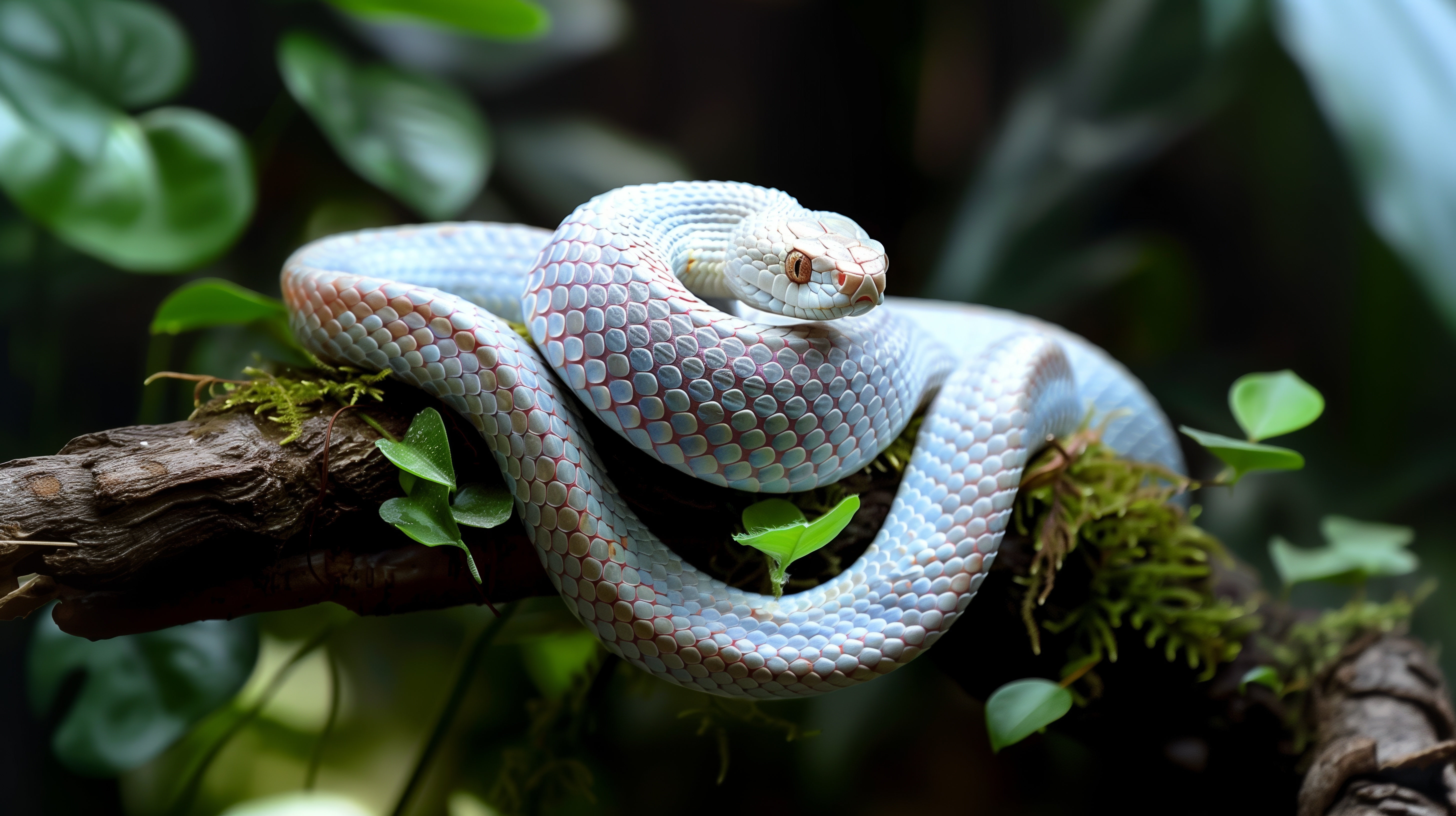 Free download AI Art Albinism White Snake Leaves Moss Branches Computer Wallpaper 4K Wallpaper, Wallpaper(s) website provided.