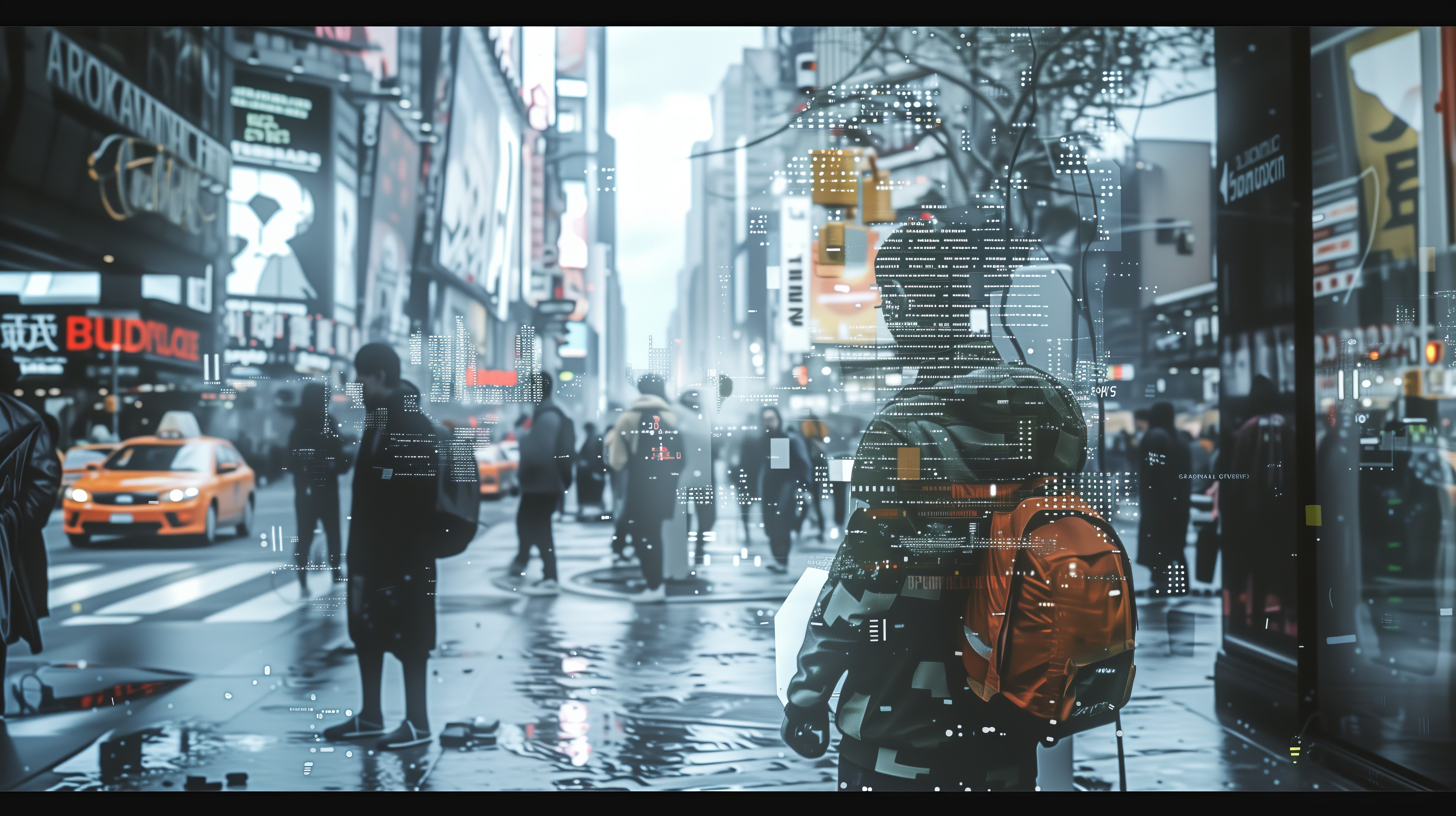 Free download AI Art Illustrations Cyberpunk City Street Backpack Billboard Computer Wallpaper 4K Wallpaper, Wallpaper(s) website provided.