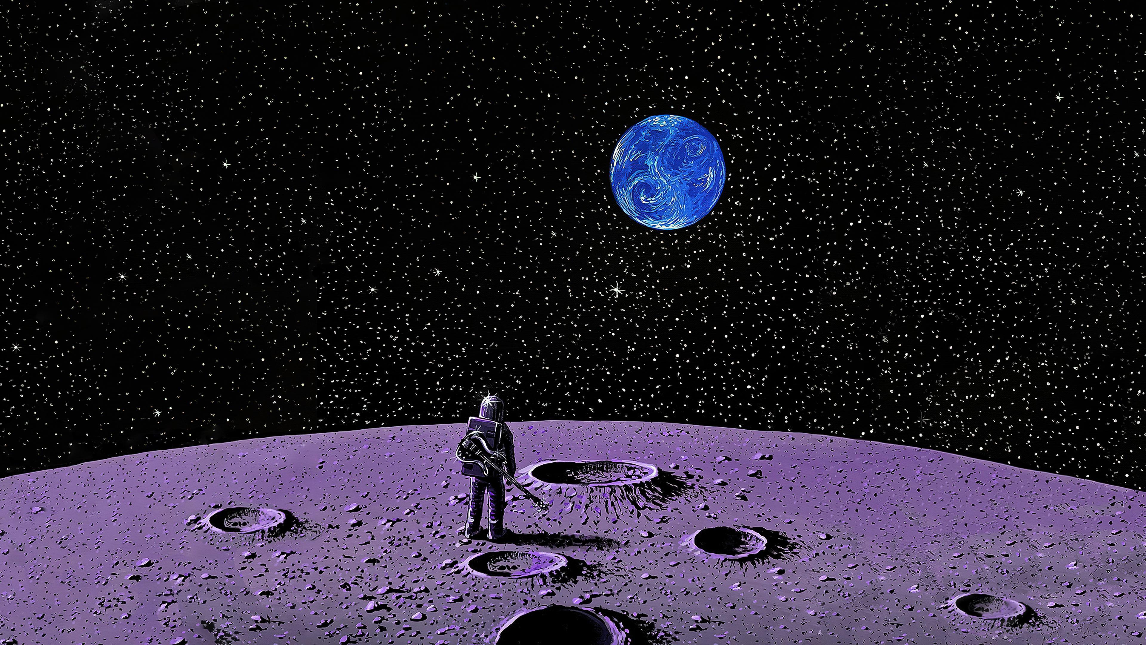 Free download Astronaut Space Guitar Moon Star Earth Crater Computer Wallpaper 4K Wallpaper, Wallpaper(s) website provided.